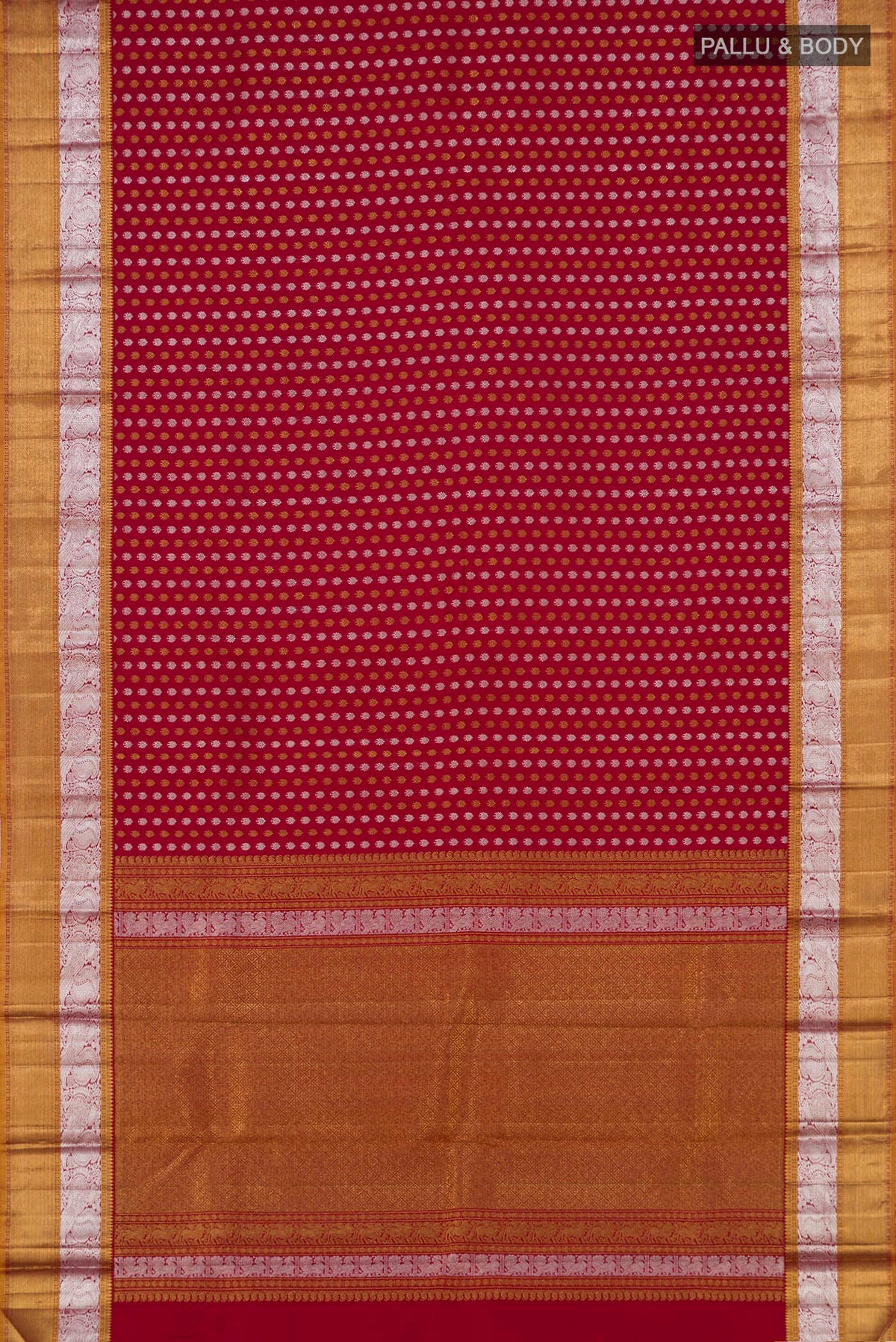 Flat view of Maroon Kanchipuram Silk Saree with Zari Butta on the body and Zari Border. 