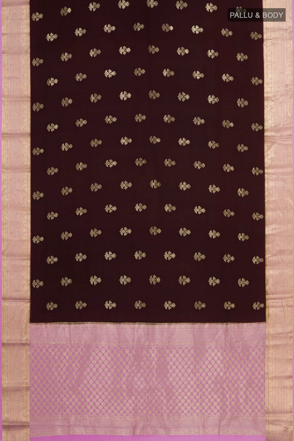 Flat view of Brown Crepe Saree with Zari Butta on the body and Zari Border. 