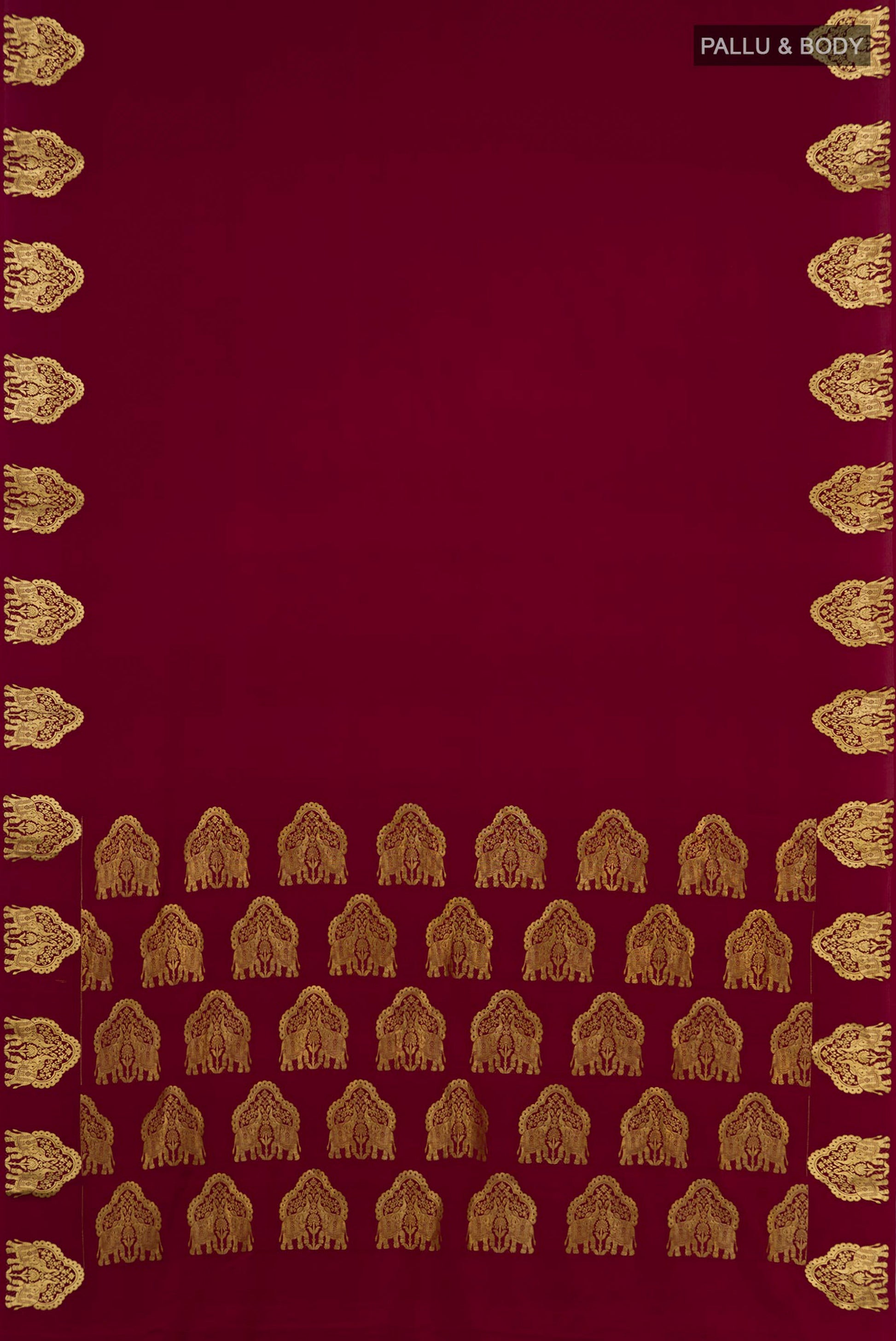 Flat view of Maroon Mysore Crepe Saree with Plain Body and Fancy Border. 
