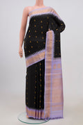 Black Gadwal Silk Saree with Zari Butta on the body and Zari Border.  displayed on a mannequin