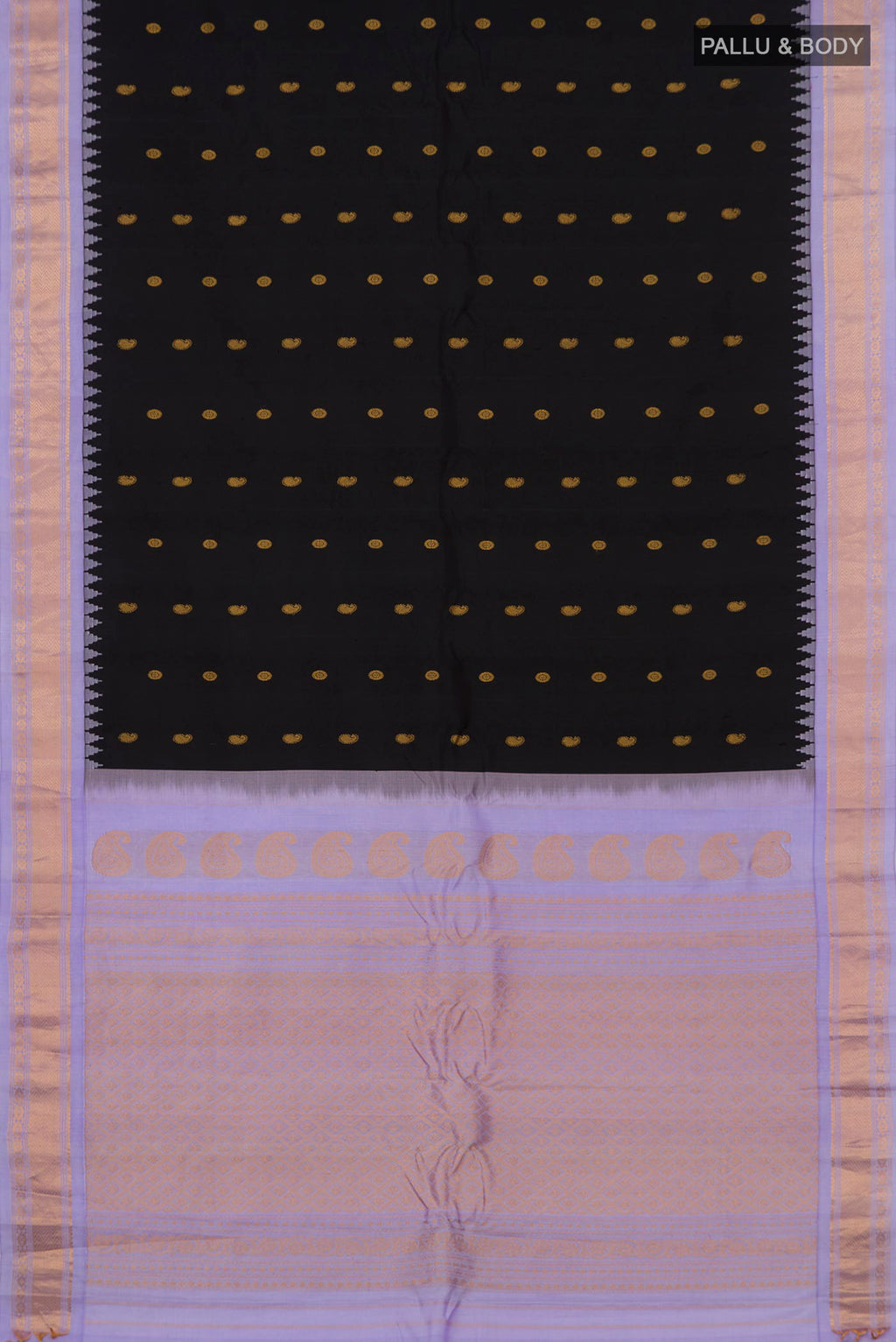 Flat view of Black Gadwal Silk Saree with Zari Butta on the body and Zari Border. 