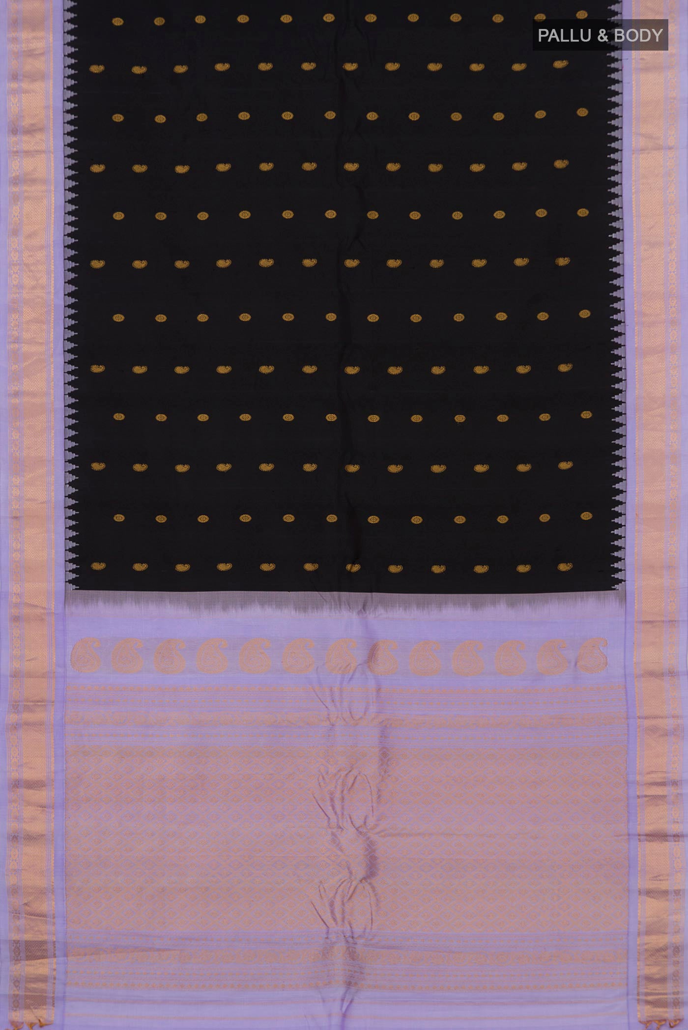 Flat view of Black Gadwal Silk Saree with Zari Butta on the body and Zari Border. 