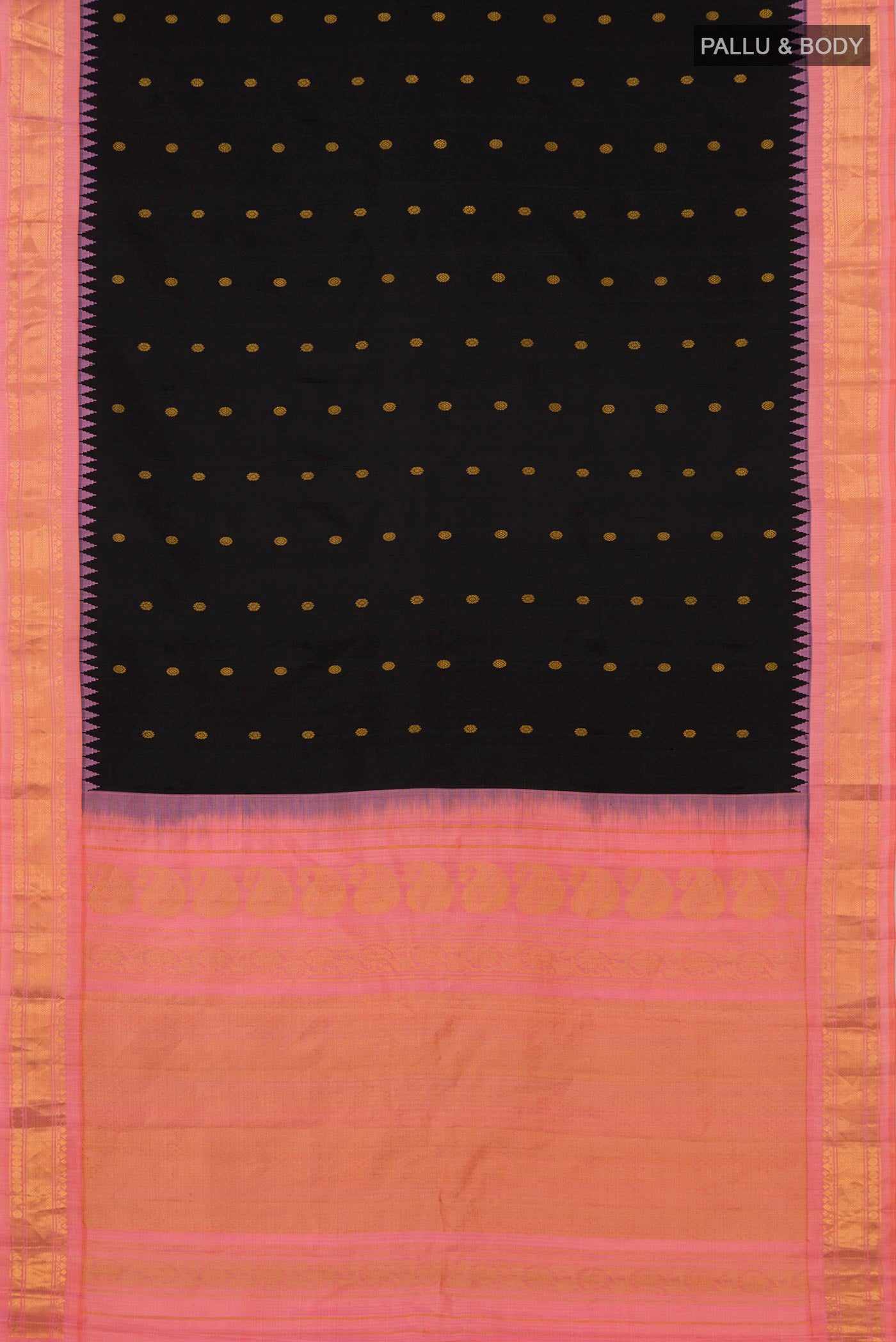 Flat view of Black Gadwal Silk Saree with Zari Butta on the body and Zari Border. 