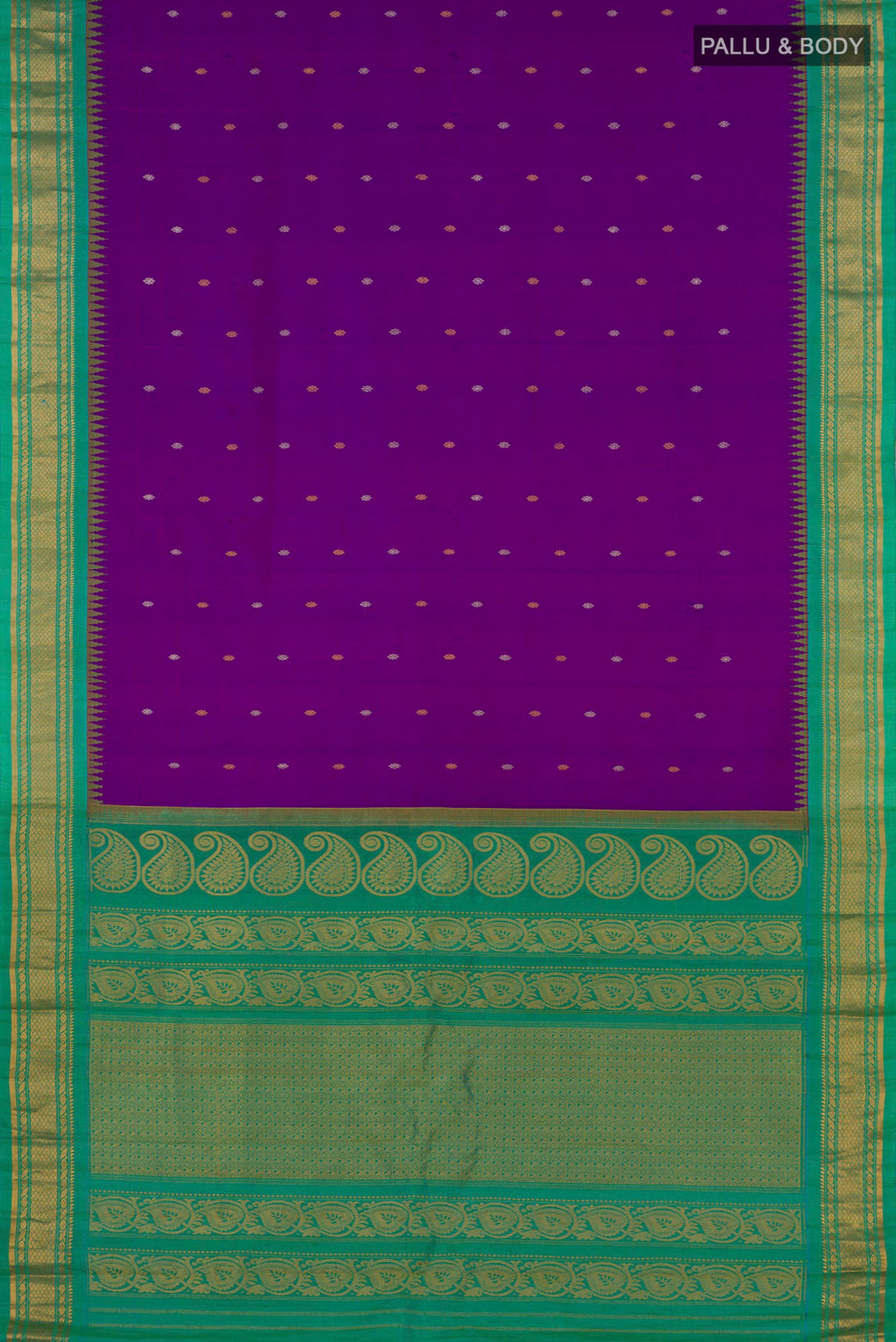 Flat view of Purple Gadwal Silk Saree with Zari Butta on the body and Zari Border. 