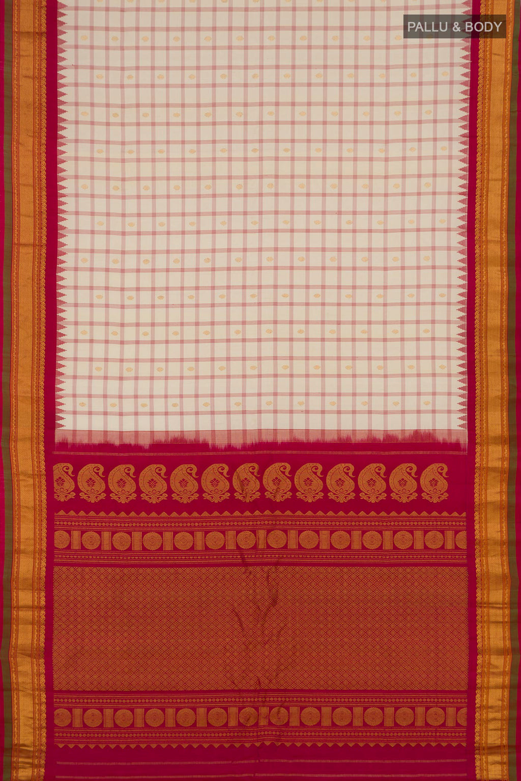 Flat view of Cream Gadwal Silk Saree with Checked design on the body and Zari Border. 