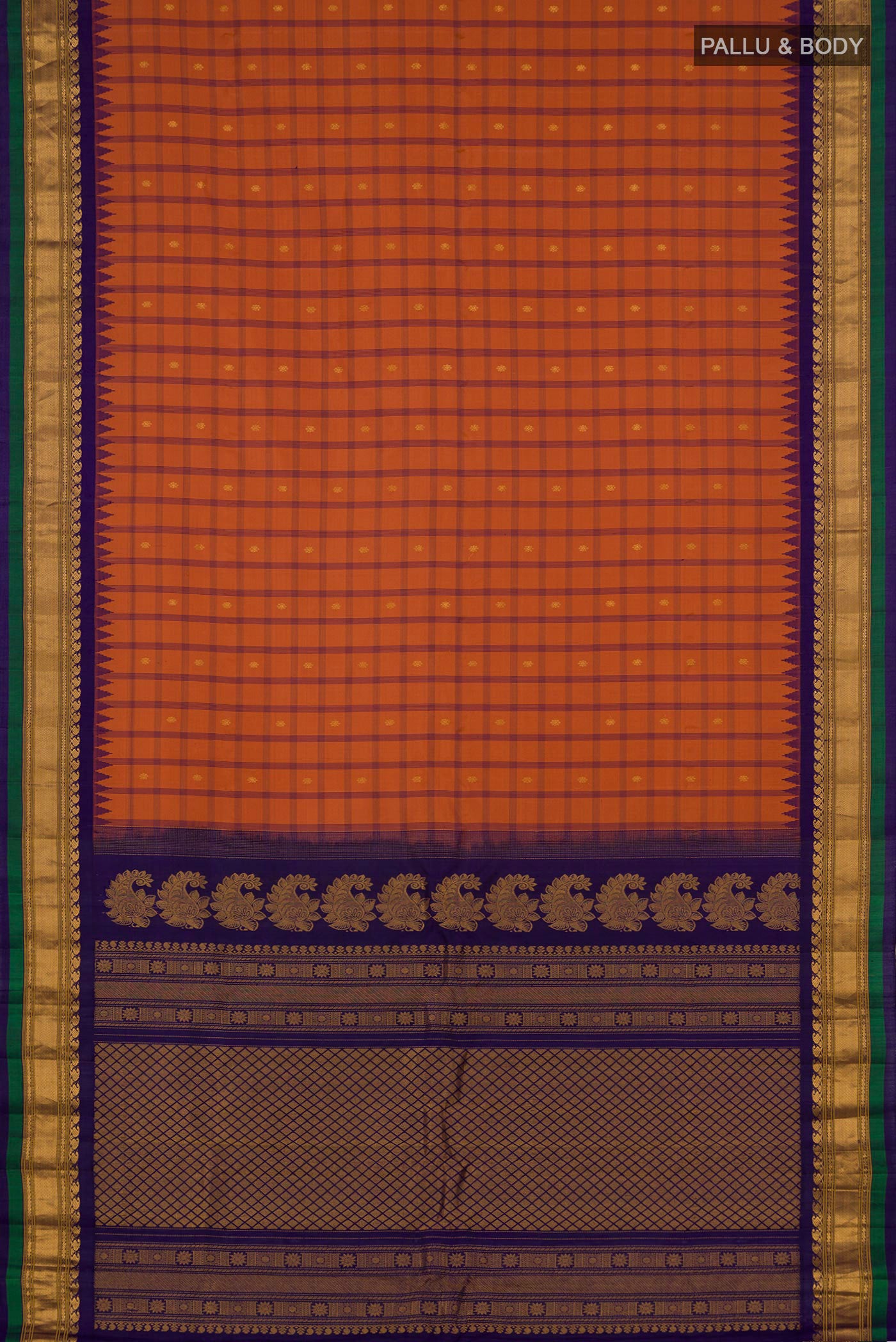 Flat view of Rust Gadwal Silk Saree with Zari Butta on the body and Zari Border. 