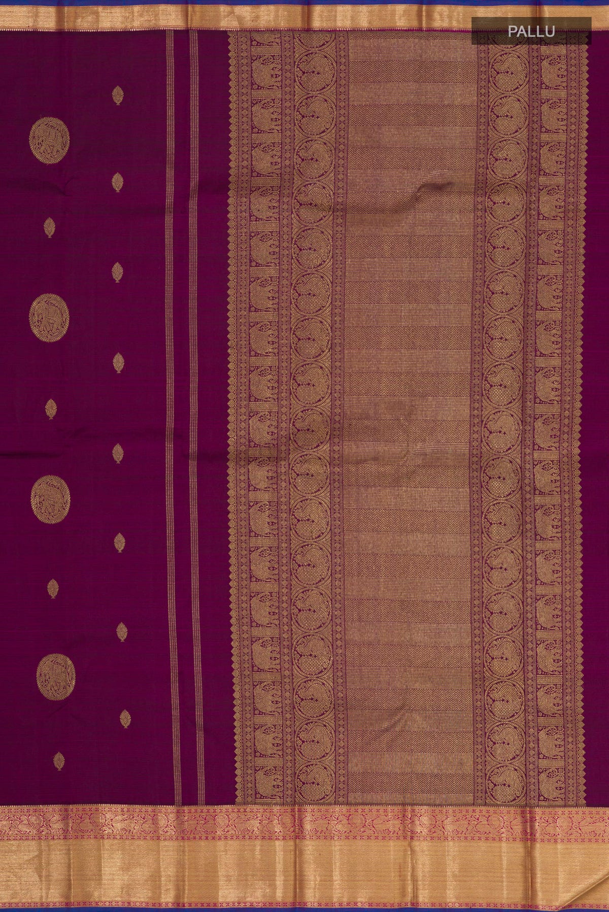 Close up image of the pallu of Pure Silk Pure Zari Purple Kanchipuram Saree with Zari Butta on the body and Zari Border. 