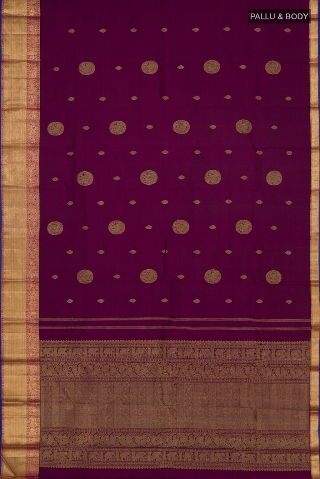 Flat view of Pure Silk Pure Zari Purple Kanchipuram Saree with Zari Butta on the body and Zari Border. 