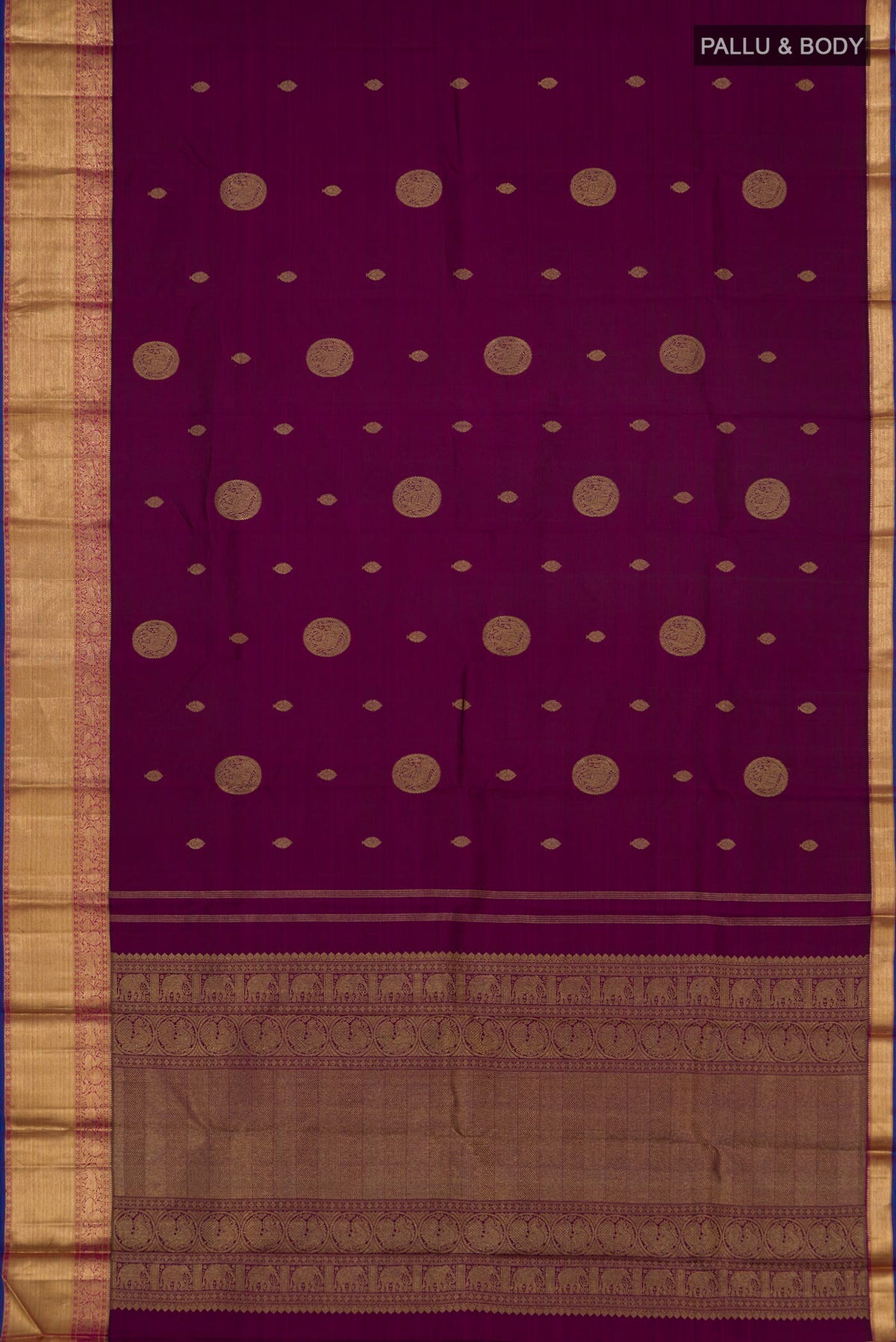 Flat view of Pure Silk Pure Zari Purple Kanchipuram Saree with Zari Butta on the body and Zari Border. 