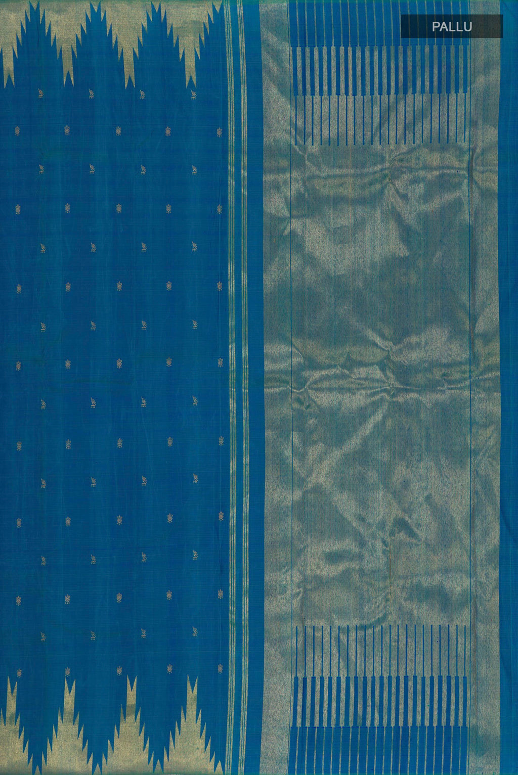 Close up image of the pallu of Pure Silk Pure Zari Peacock Blue Kanchipuram Saree with Zari Butta on the body and Temple Border. 