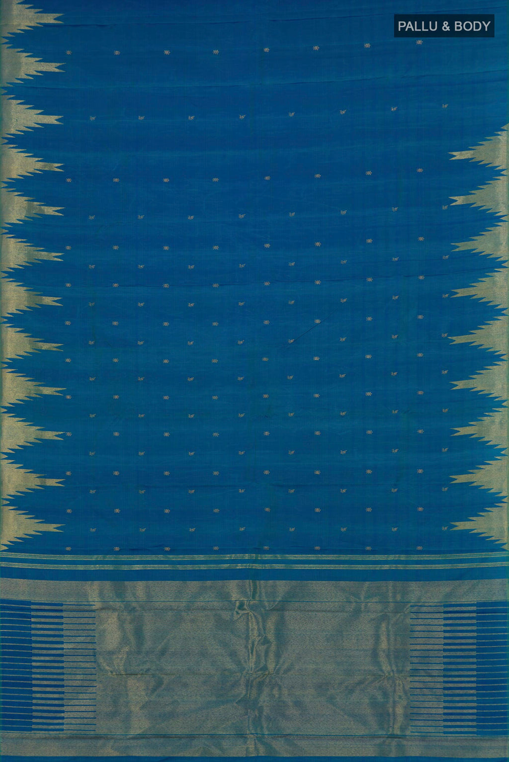 Flat view of Pure Silk Pure Zari Peacock Blue Kanchipuram Saree with Zari Butta on the body and Temple Border. 