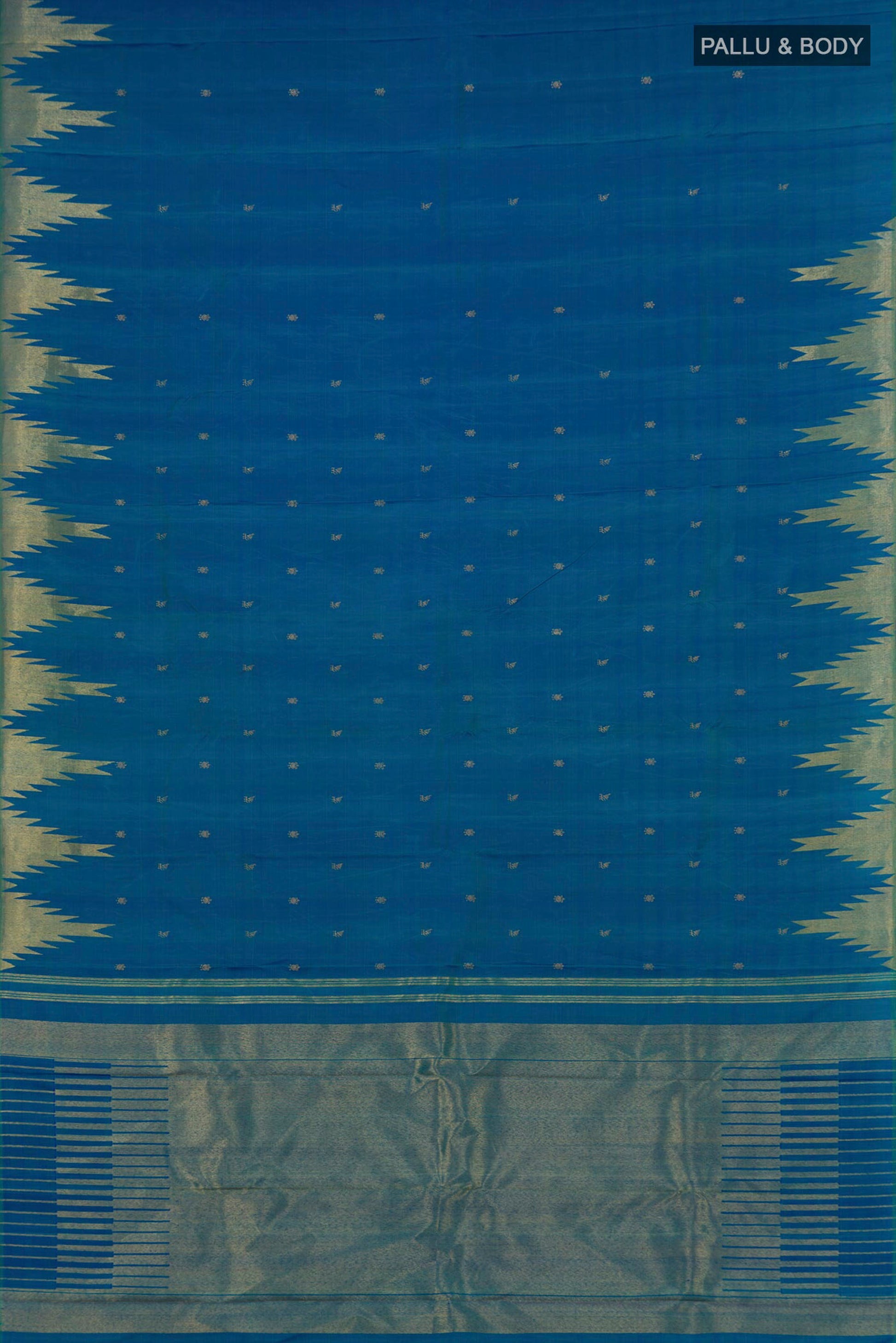 Flat view of Pure Silk Pure Zari Peacock Blue Kanchipuram Saree with Zari Butta on the body and Temple Border. 
