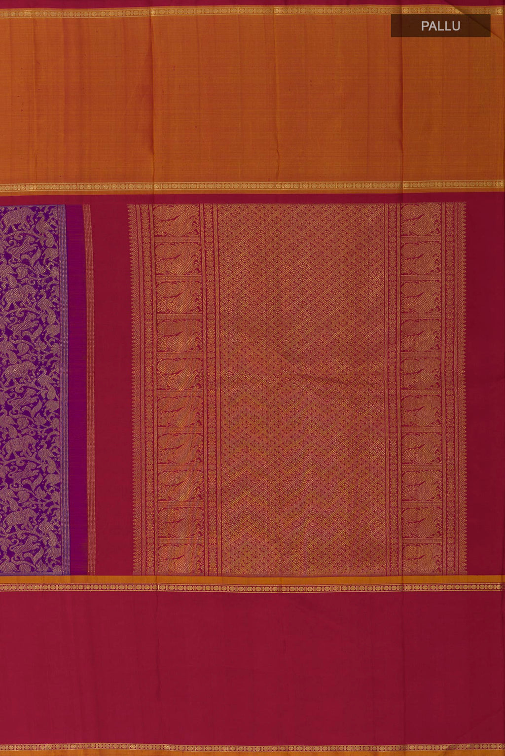 Close up image of the pallu of Pure Silk Pure Zari Purple Kanjivaram Saree with Zari Brocade on the body and Ganga Jamuna Border. 