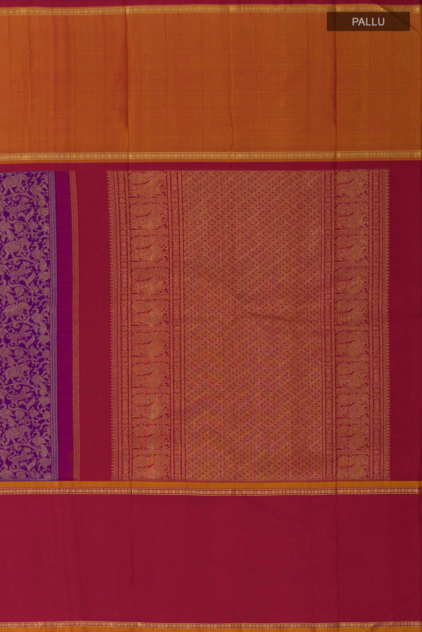 Close up image of the pallu of Pure Silk Pure Zari Purple Kanjivaram Saree with Zari Brocade on the body and Ganga Jamuna Border. 