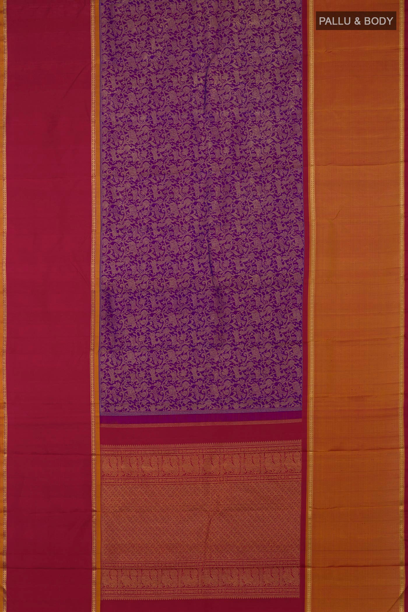Flat view of Pure Silk Pure Zari Purple Kanjivaram Saree with Zari Brocade on the body and Ganga Jamuna Border. 