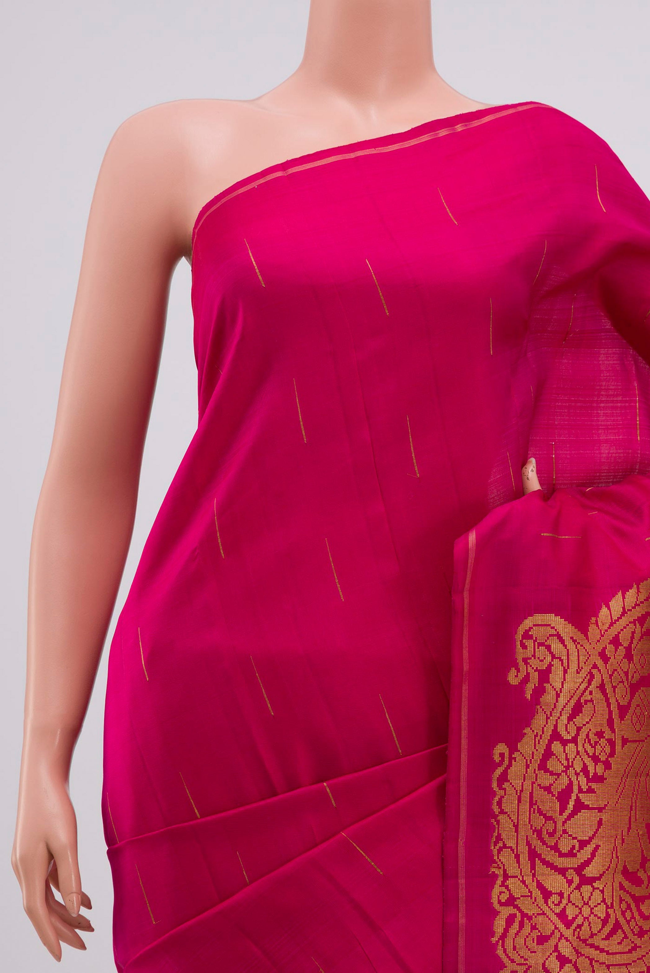 Border image of Pure Silk Pure Zari Pink Kanjivaram Saree with Zari Butta on the body and Thin Zari Line. 