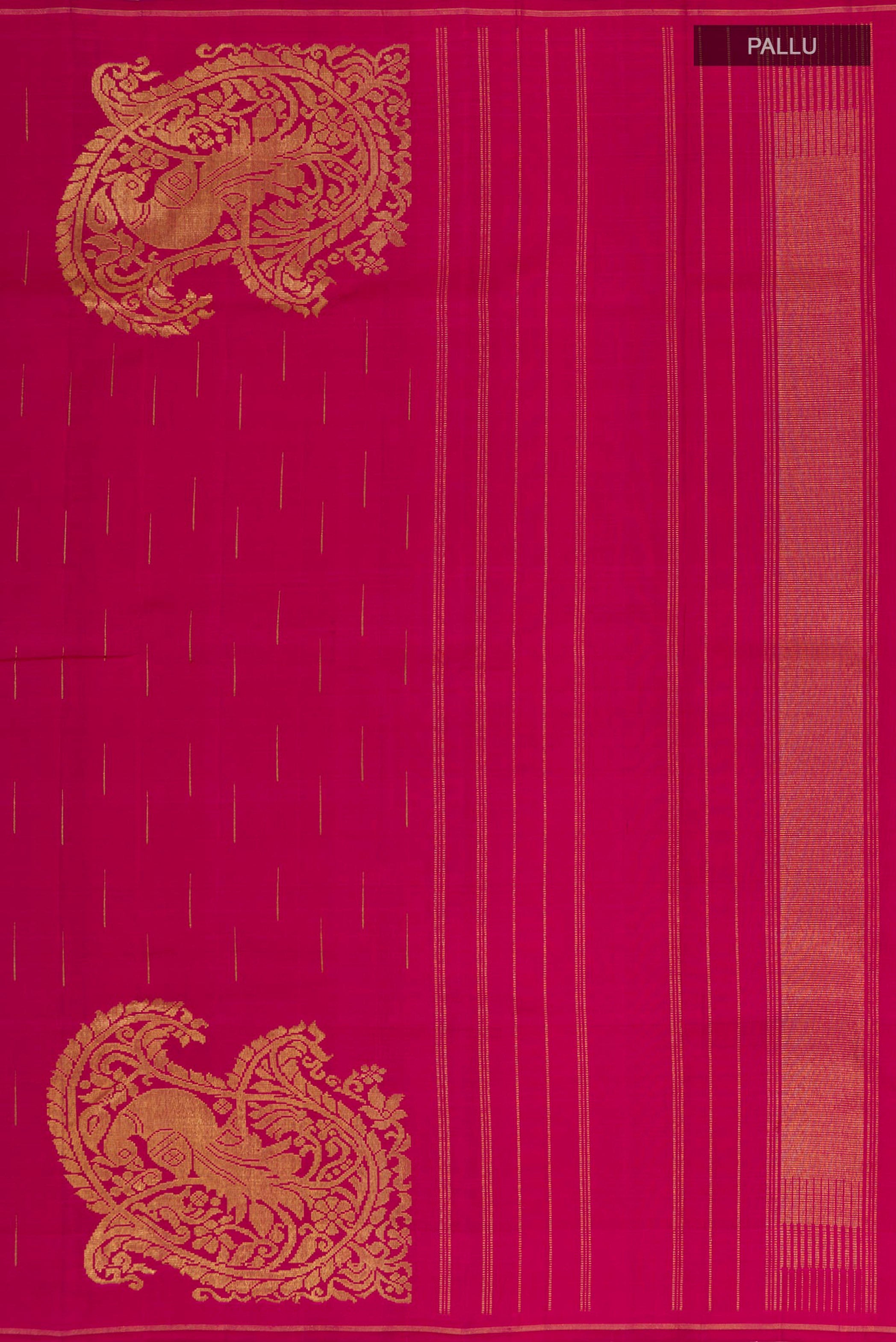 Close up image of the pallu of Pure Silk Pure Zari Pink Kanjivaram Saree with Zari Butta on the body and Thin Zari Line. 