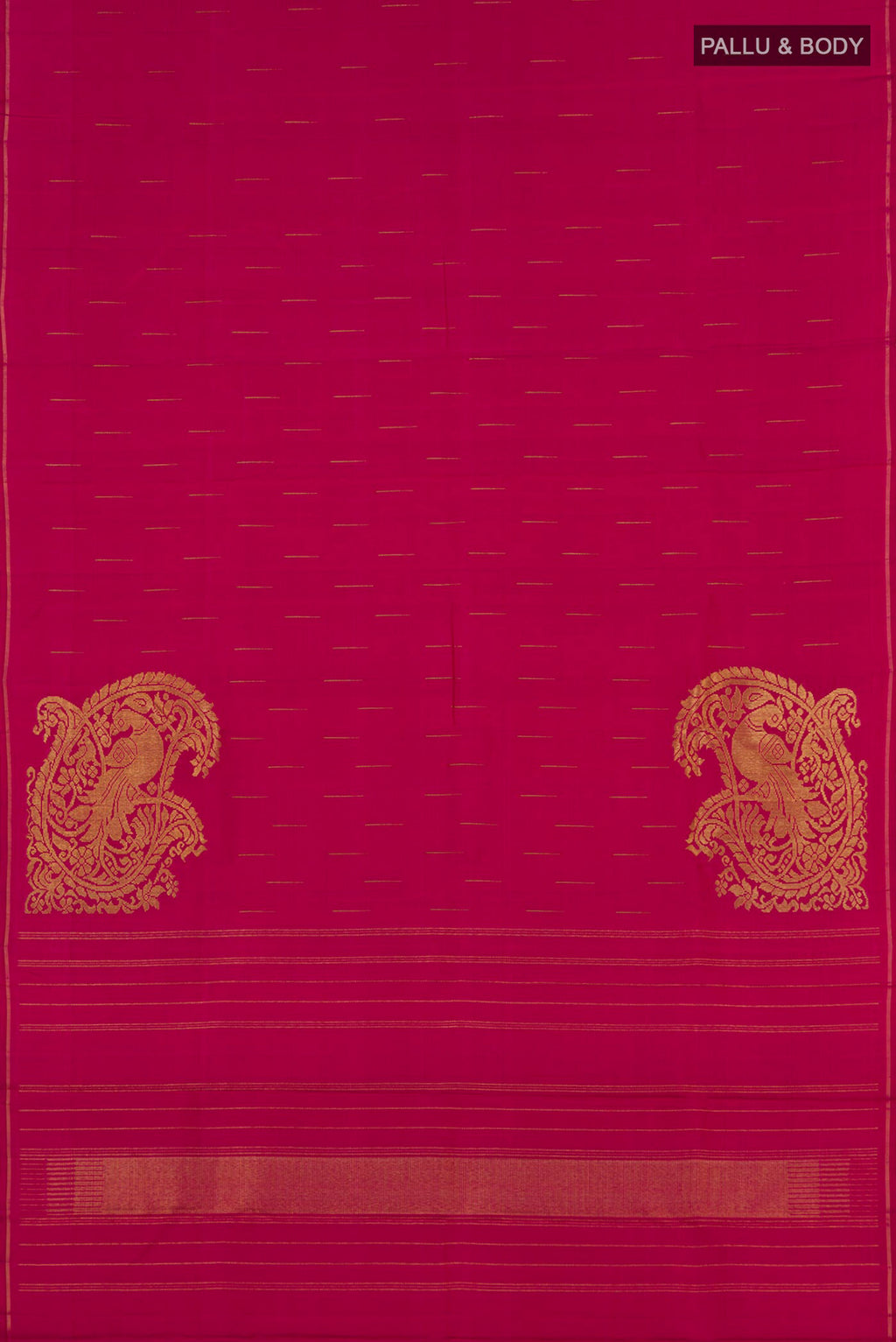 Flat view of Pure Silk Pure Zari Pink Kanjivaram Saree with Zari Butta on the body and Thin Zari Line. 