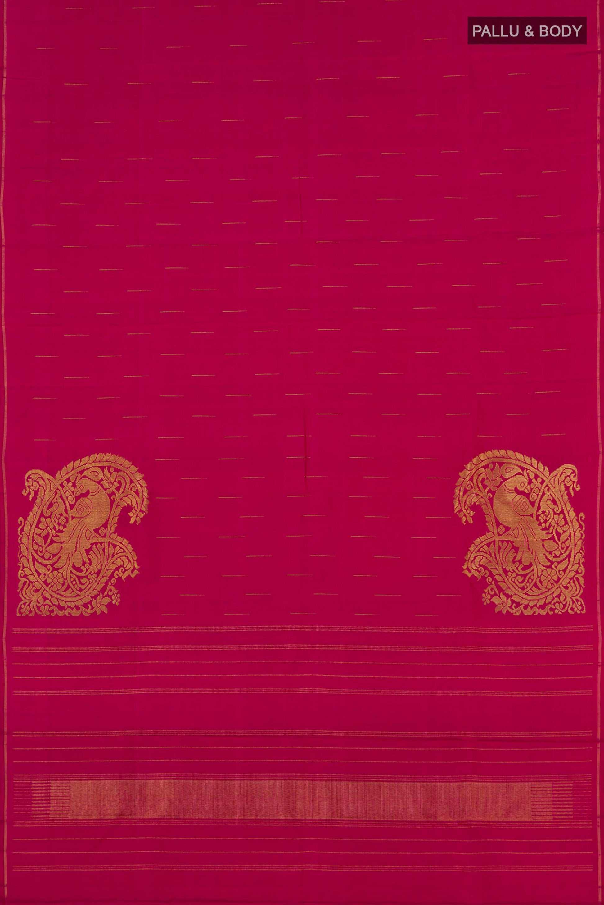Flat view of Pure Silk Pure Zari Pink Kanjivaram Saree with Zari Butta on the body and Thin Zari Line. 