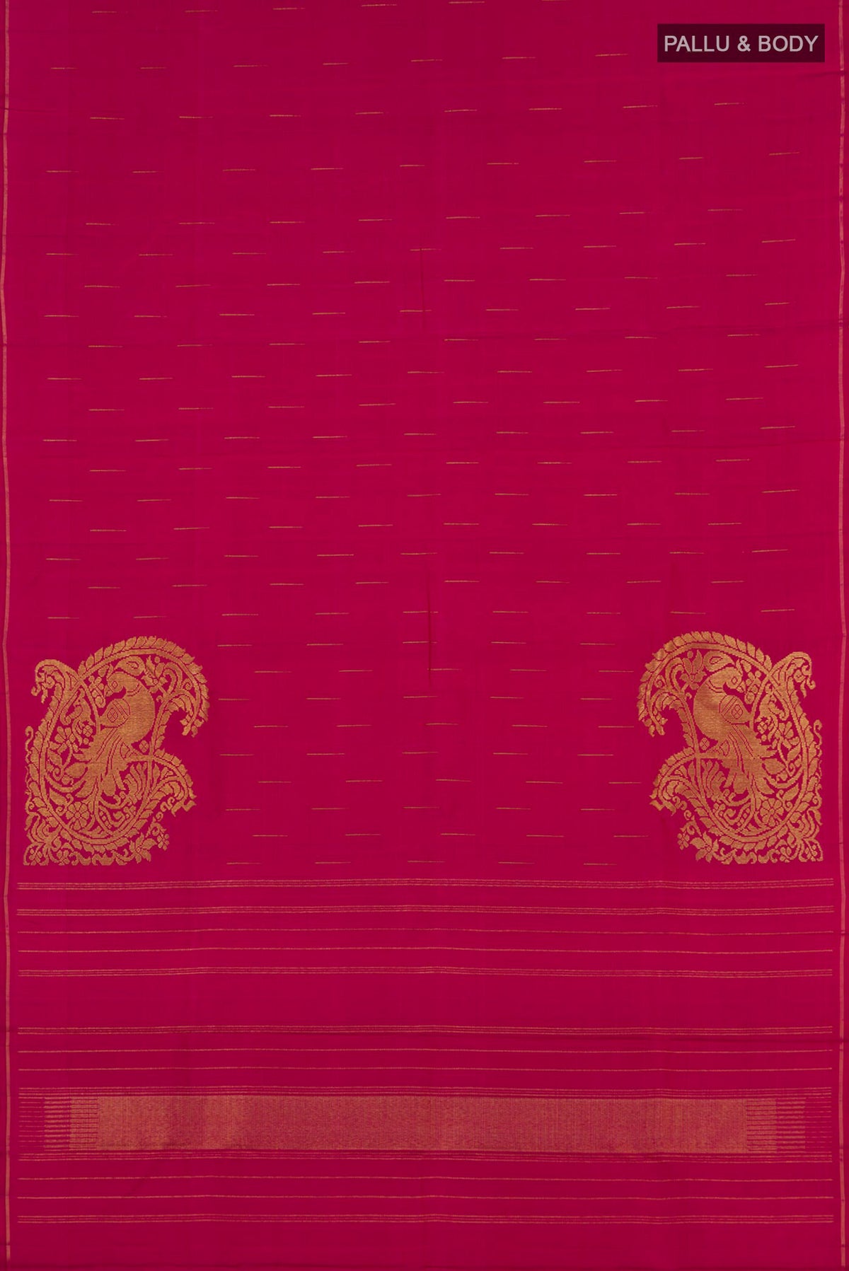 Flat view of Pure Silk Pure Zari Pink Kanjivaram Saree with Zari Butta on the body and Thin Zari Line. 