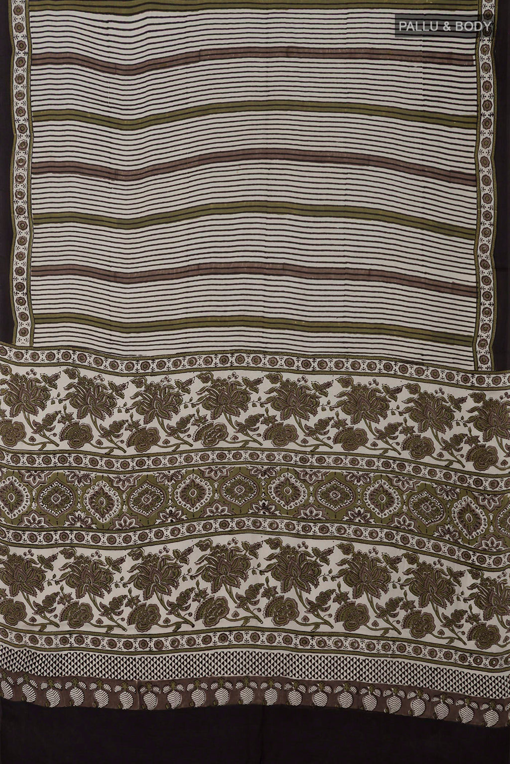 Flat view of Cream Blended Satin Silk Saree with Ajrakh Print on the body and Printed Border. 