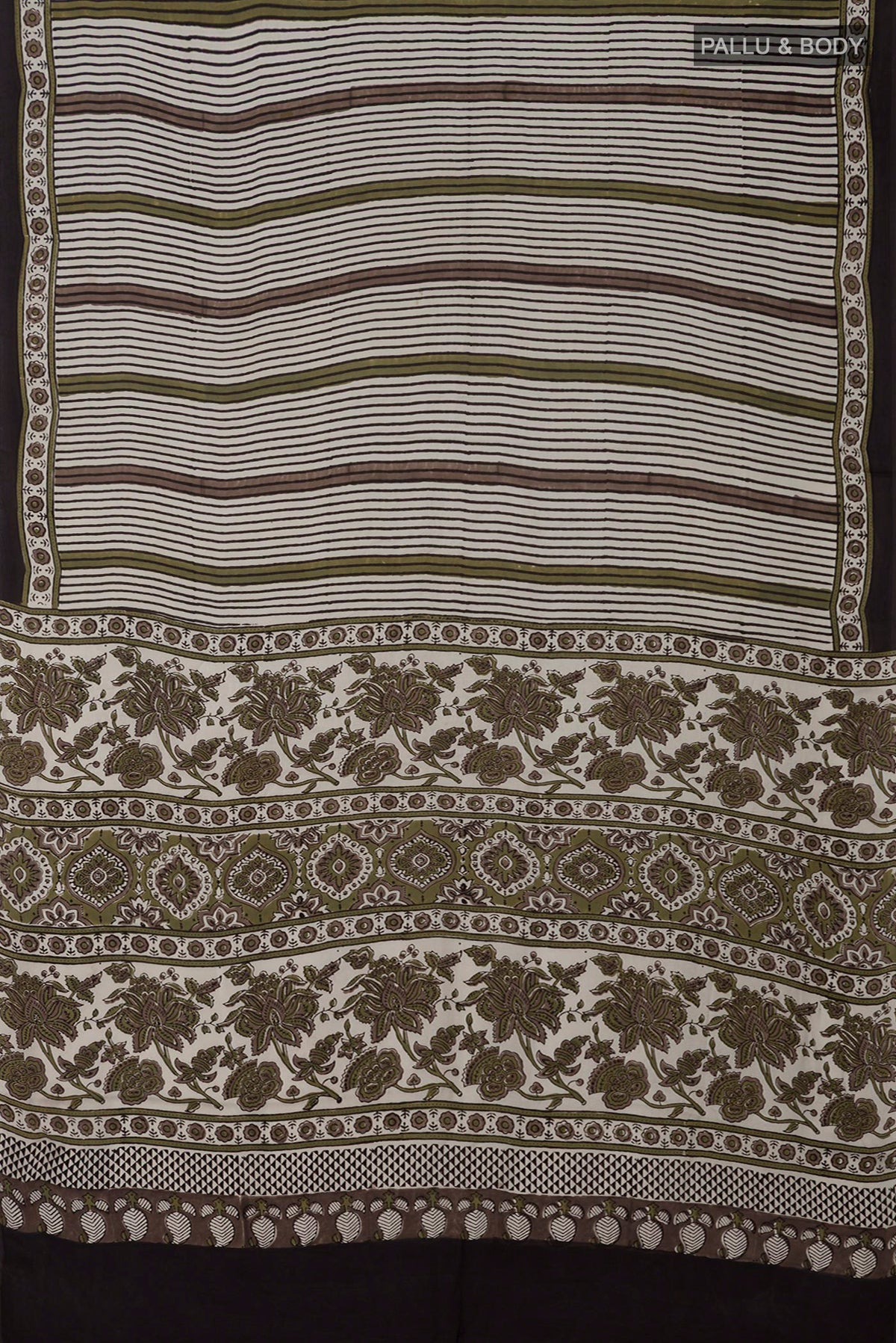 Flat view of Cream Blended Satin Silk Saree with Ajrakh Print on the body and Printed Border. 