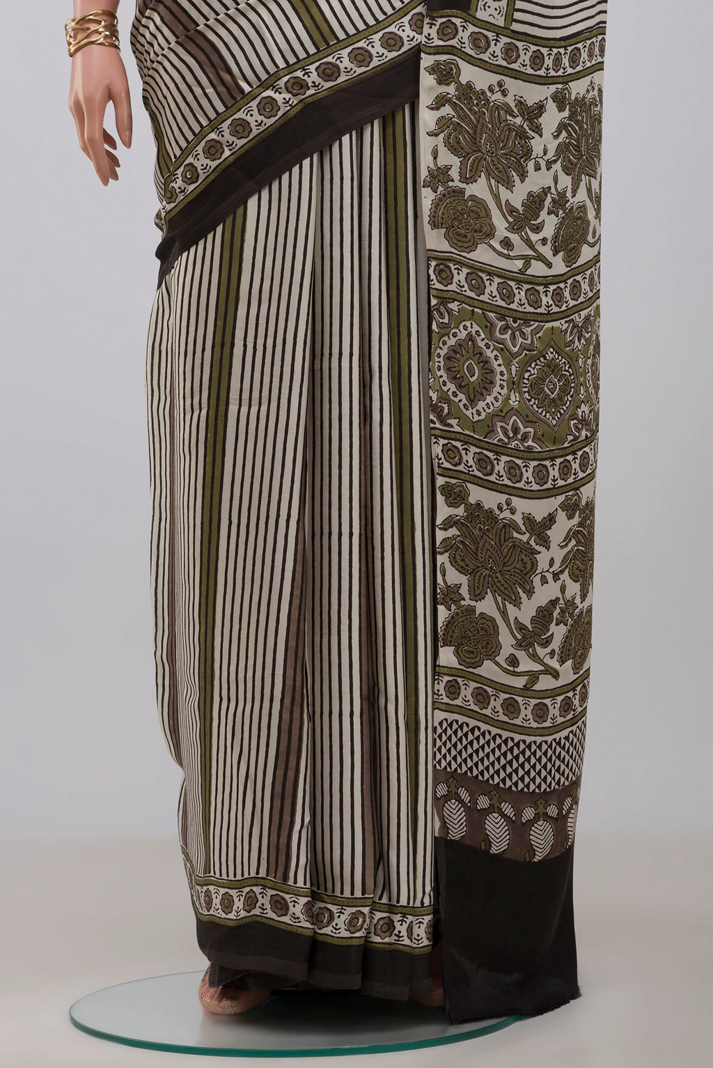 Pleats and pallu of Cream Blended Satin Silk Saree with Ajrakh Print on the body and Printed Border. 