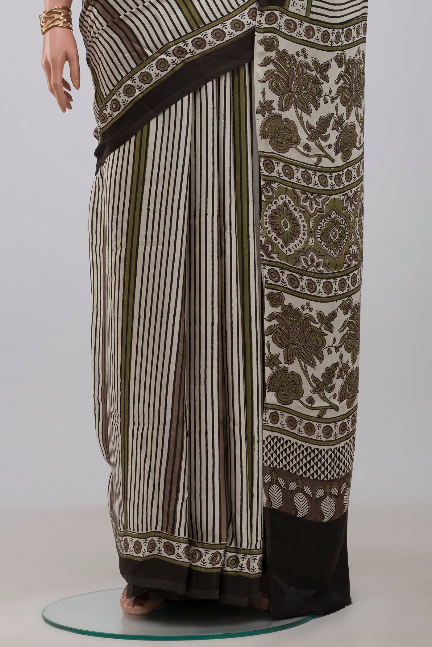 Pleats and pallu of Cream Blended Satin Silk Saree with Ajrakh Print on the body and Printed Border. 