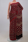 Maroon Blended Satin Silk Saree with Ajrakh Print on the body and Printed Border.  displayed on a mannequin