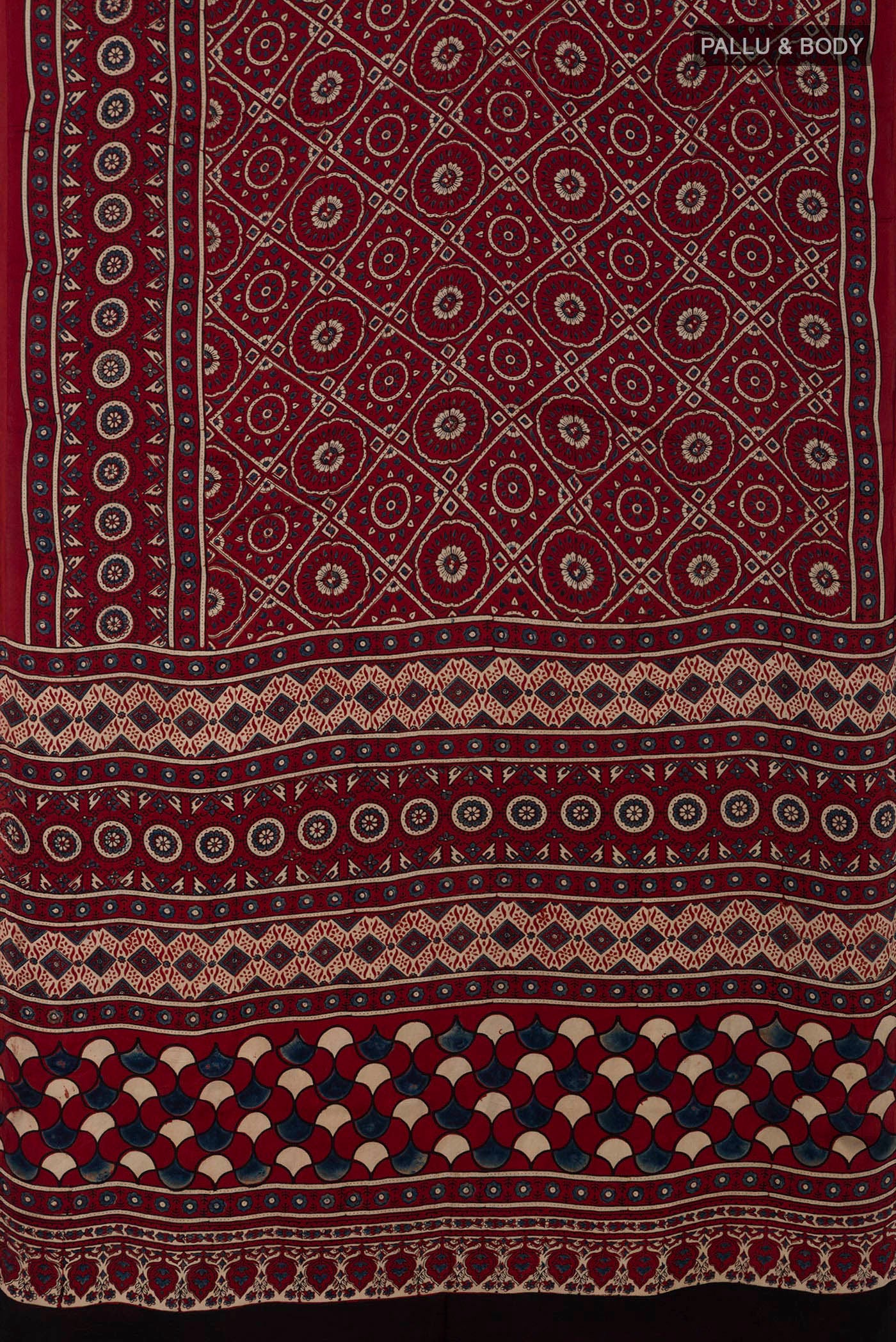Flat view of Maroon Blended Satin Silk Saree with Ajrakh Print on the body and Printed Border. 