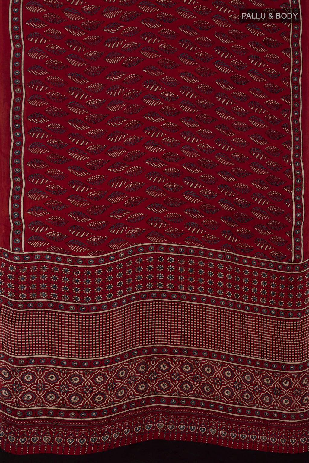 Flat view of Maroon Blended Satin Silk Saree with Ajrakh Print on the body and Printed Border. 