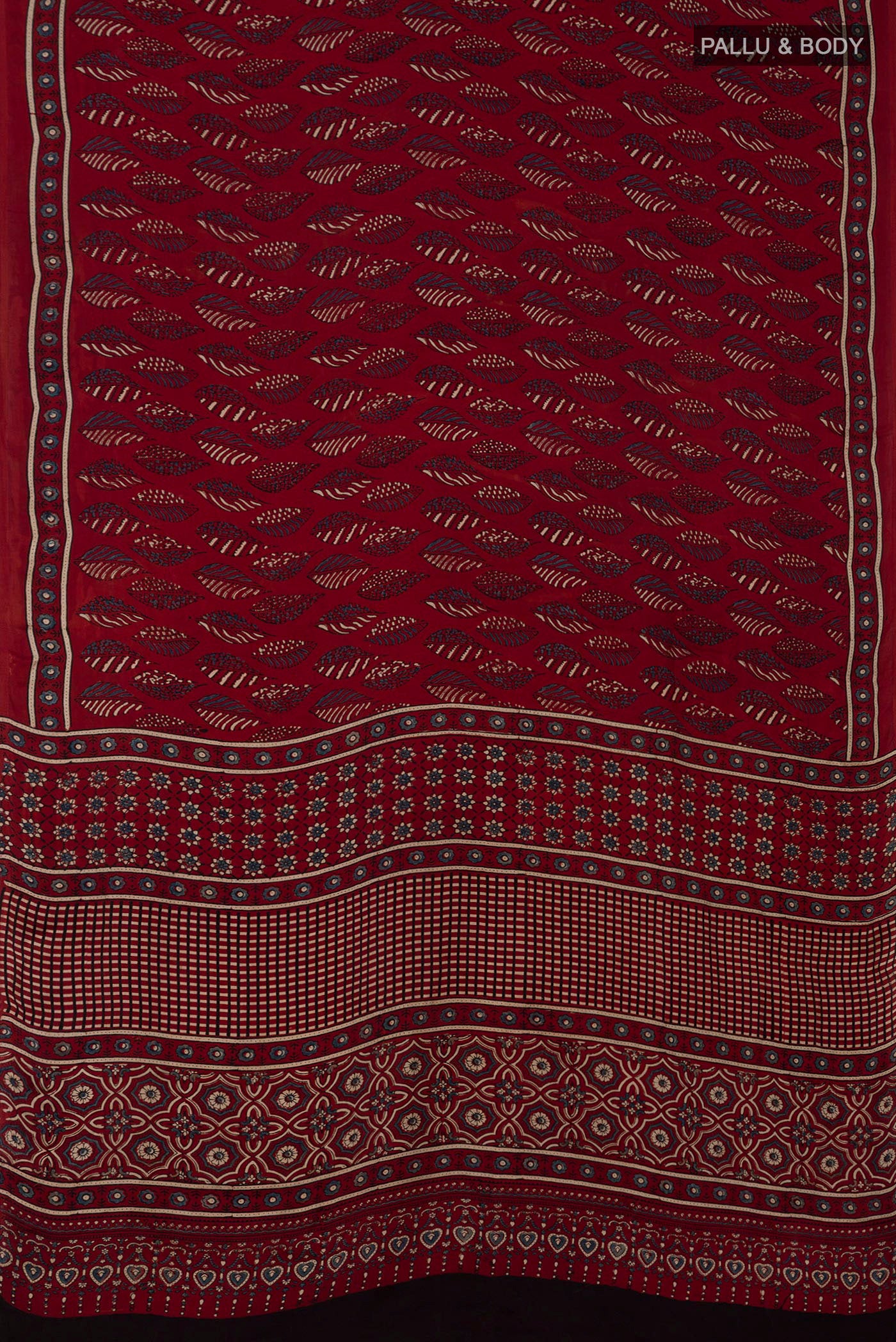 Flat view of Maroon Blended Satin Silk Saree with Ajrakh Print on the body and Printed Border. 