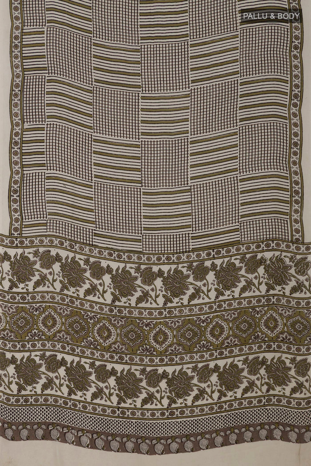 Flat view of Cream Blended Satin Silk Saree with Ajrakh Print on the body and Printed Border. 