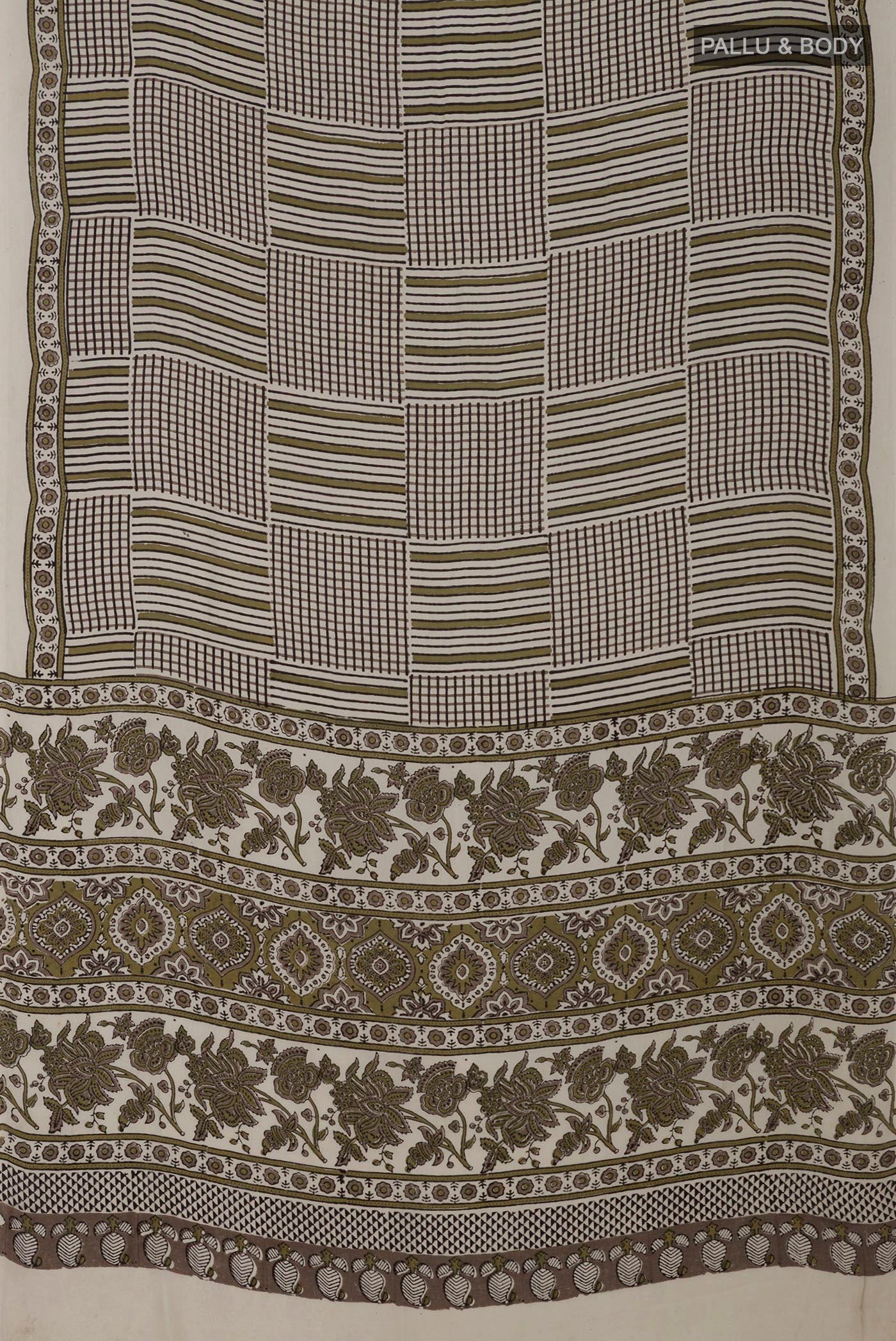 Flat view of Cream Blended Satin Silk Saree with Ajrakh Print on the body and Printed Border. 