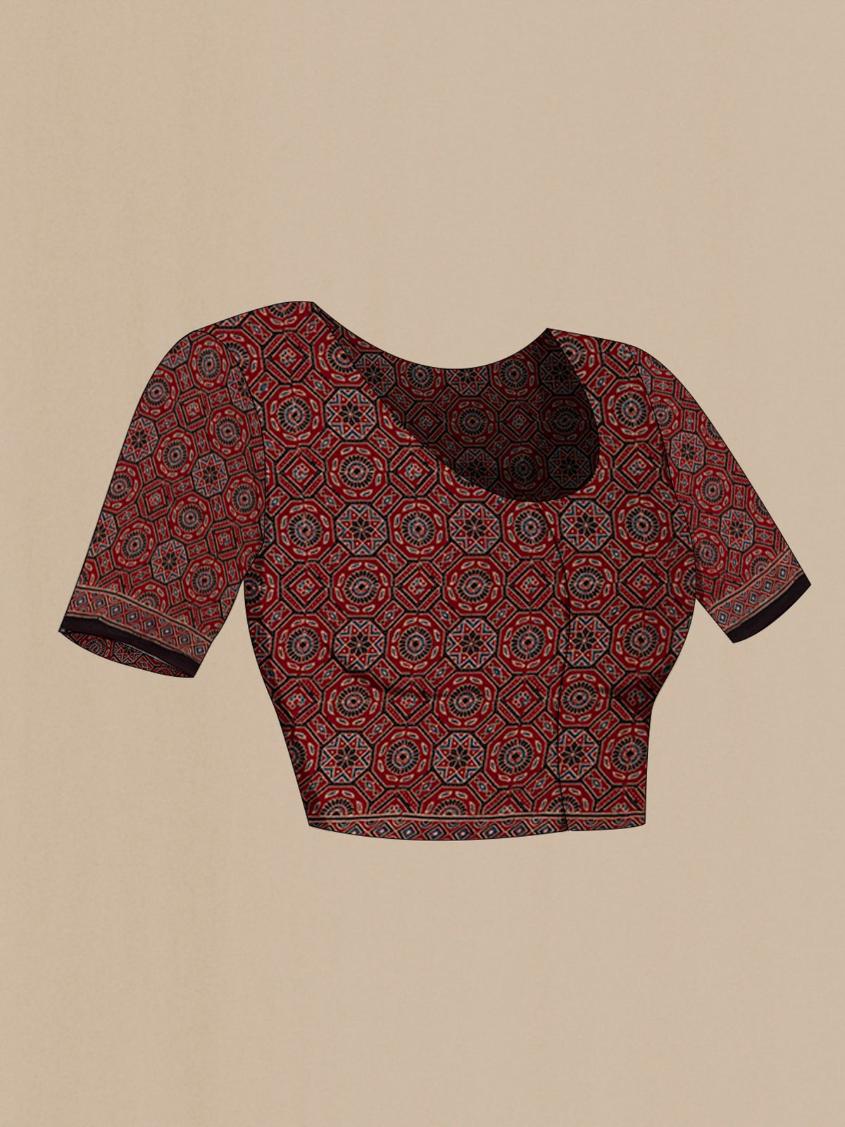Close up image of the blouse of Maroon Blended Satin Silk Saree with Ajrakh Print on the body and Printed Border. 
