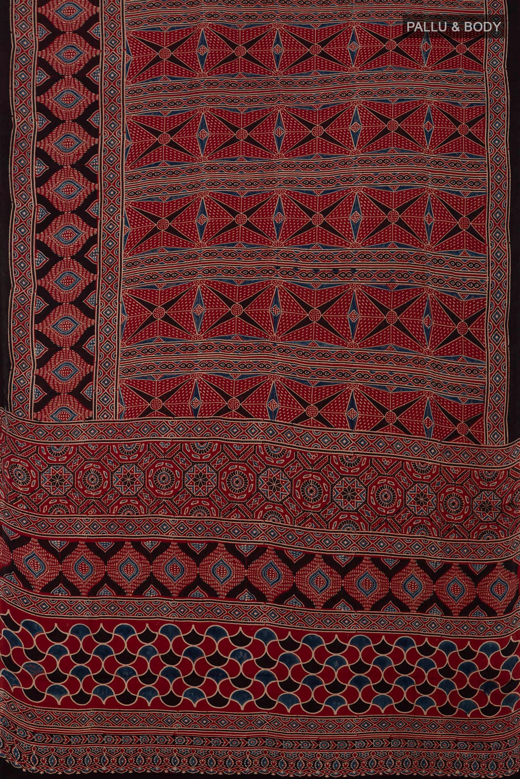 Flat view of Maroon Blended Satin Silk Saree with Ajrakh Print on the body and Printed Border. 