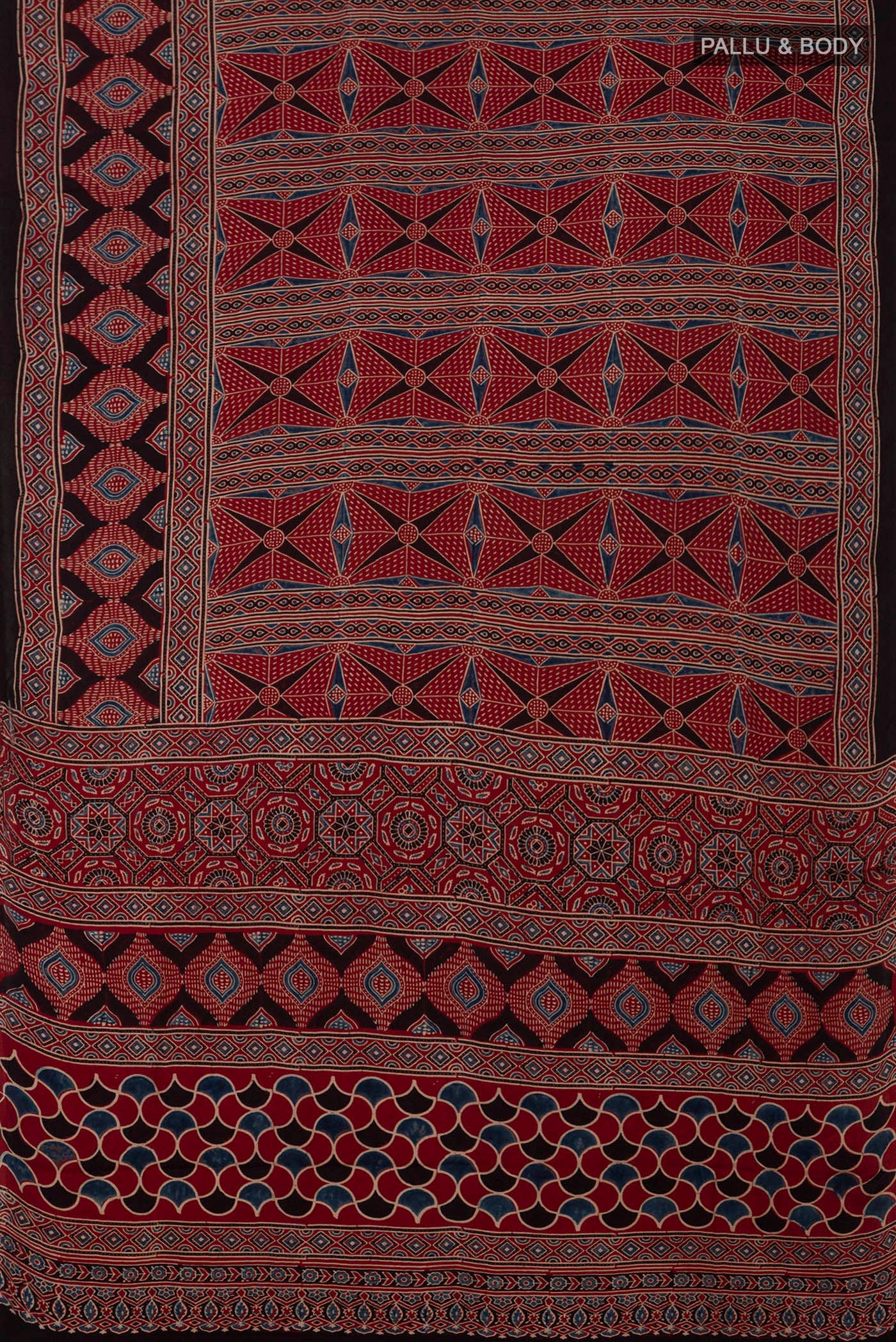 Flat view of Maroon Blended Satin Silk Saree with Ajrakh Print on the body and Printed Border. 