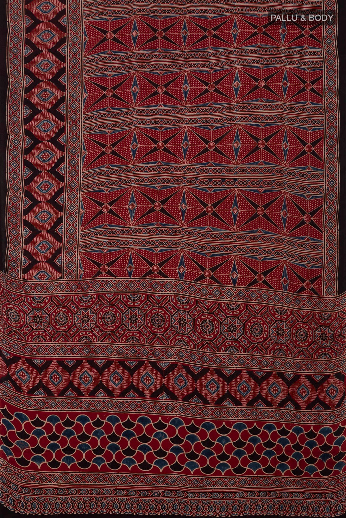 Flat view of Maroon Blended Satin Silk Saree with Ajrakh Print on the body and Printed Border. 