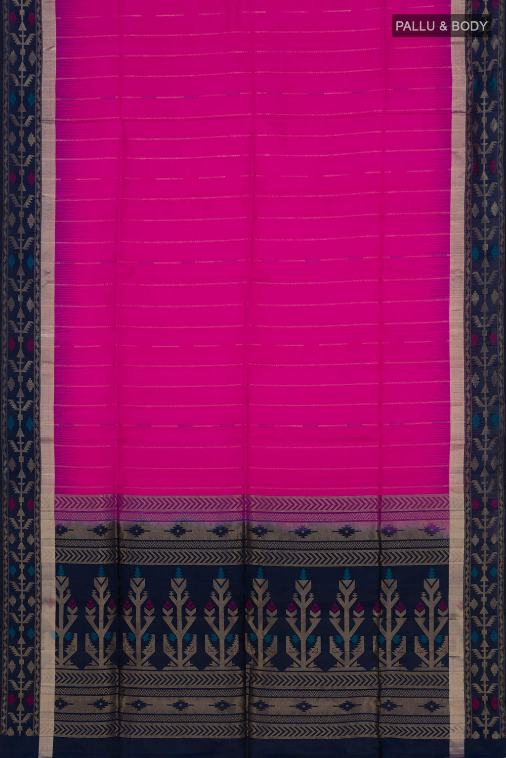 Flat view of Pink Soft Silk Saree with Zari Butta on the body and Thin Zari Line. 