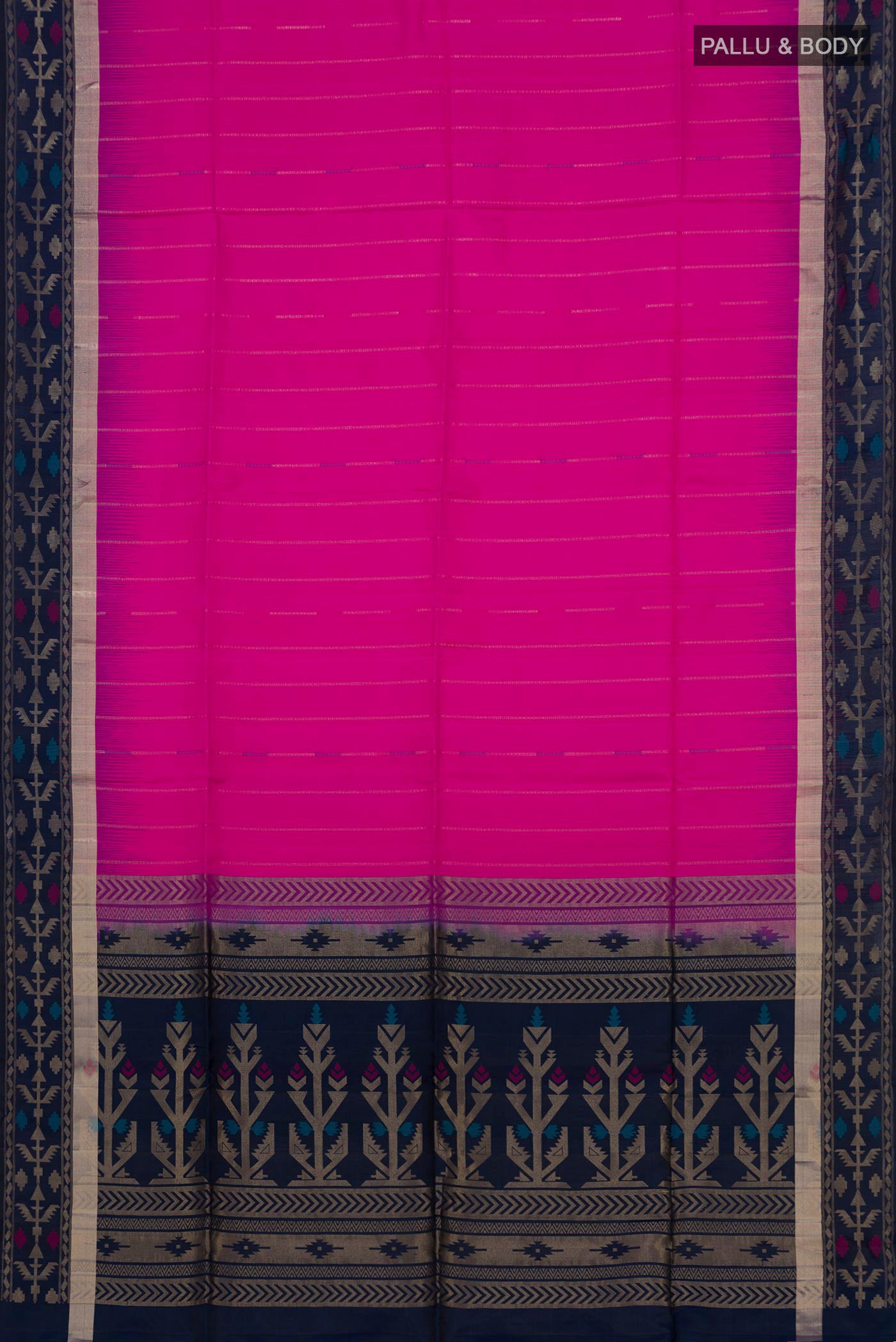 Flat view of Pink Soft Silk Saree with Zari Butta on the body and Thin Zari Line. 