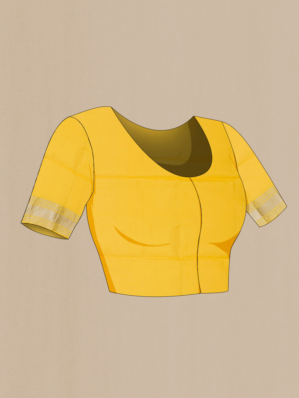 Close up image of the blouse of Yellow Soft Silk Saree with Zari Butta on the body and Zari Border. 