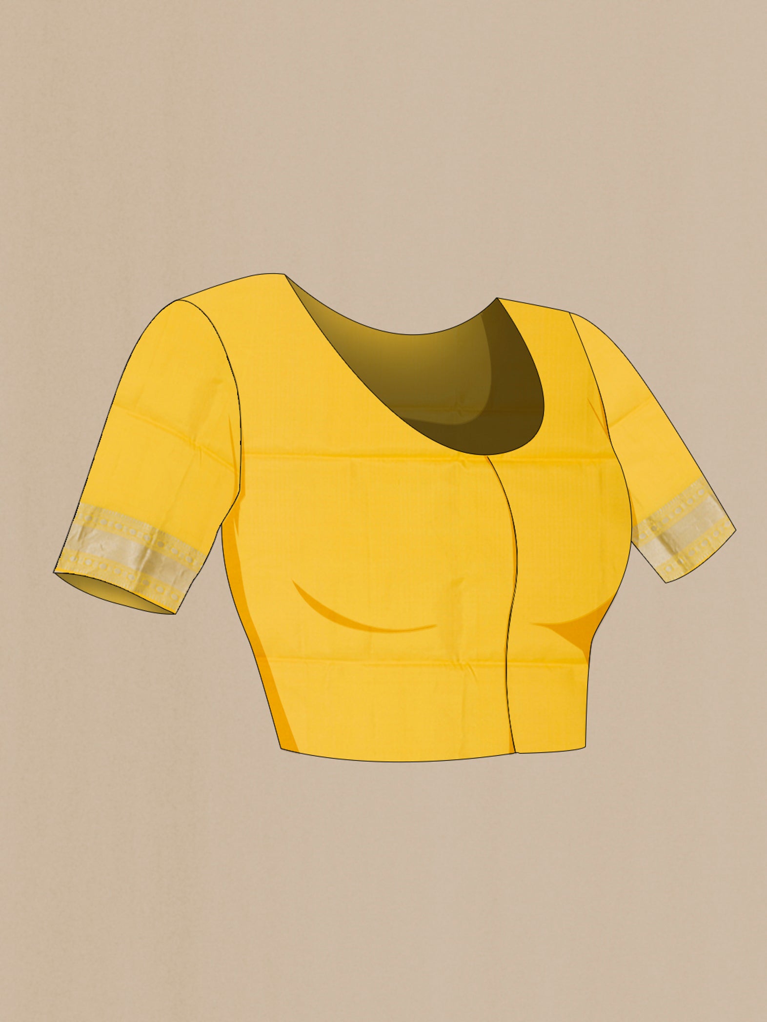 Close up image of the blouse of Yellow Soft Silk Saree with Zari Butta on the body and Zari Border. 