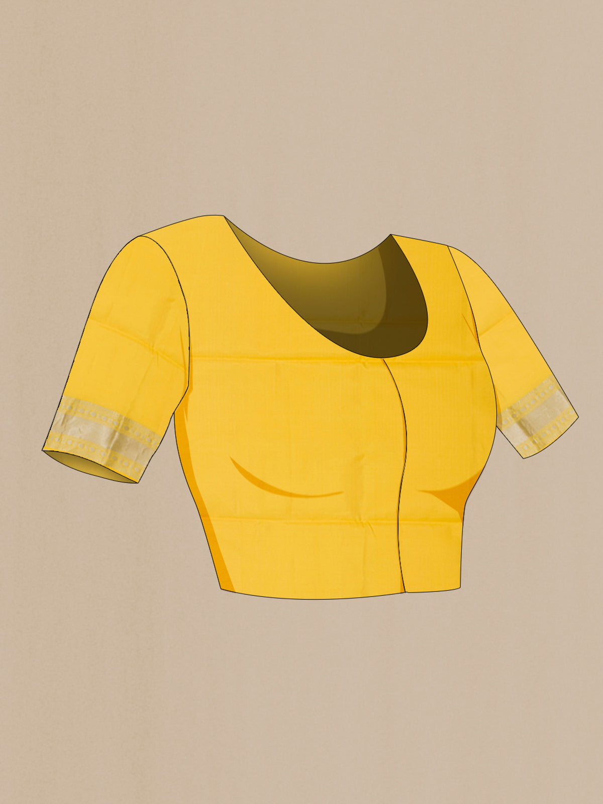 Close up image of the blouse of Yellow Soft Silk Saree with Zari Butta on the body and Zari Border. 