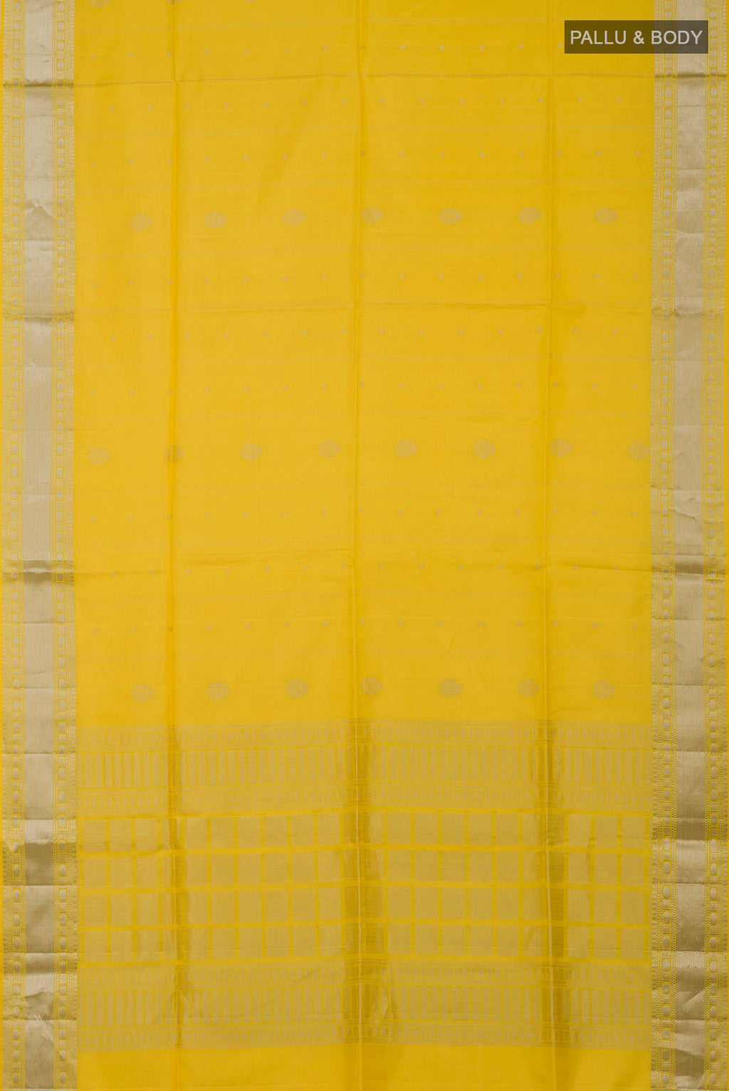 Flat view of Yellow Soft Silk Saree with Zari Butta on the body and Zari Border. 