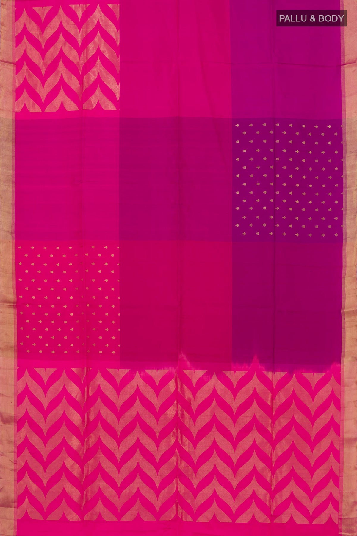 Flat view of Pink Soft Silk Saree with Checked design on the body and Zari Border. 