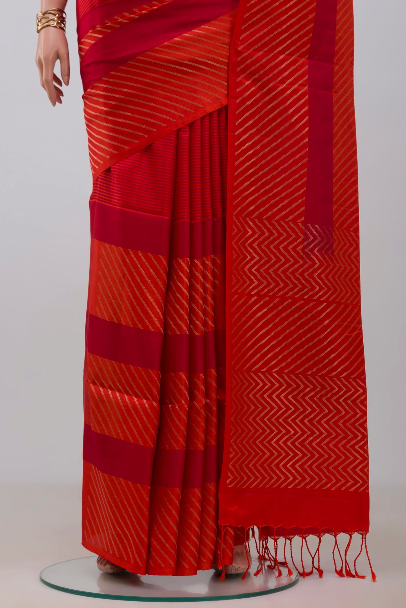 Pleats and pallu of Multi Color Soft Silk Saree with Stripes on the body and Without Border. 