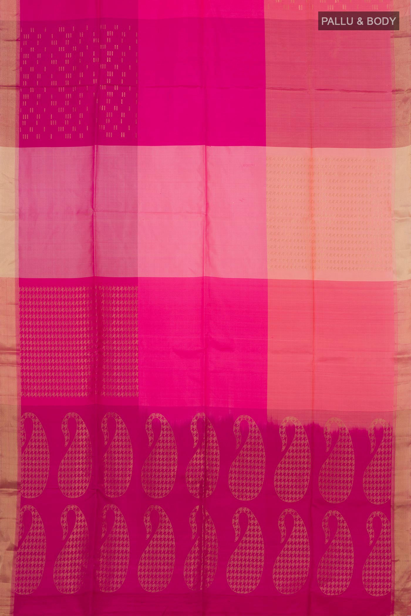 Flat view of Pink Soft Silk Saree with Checked design on the body and Zari Border. 