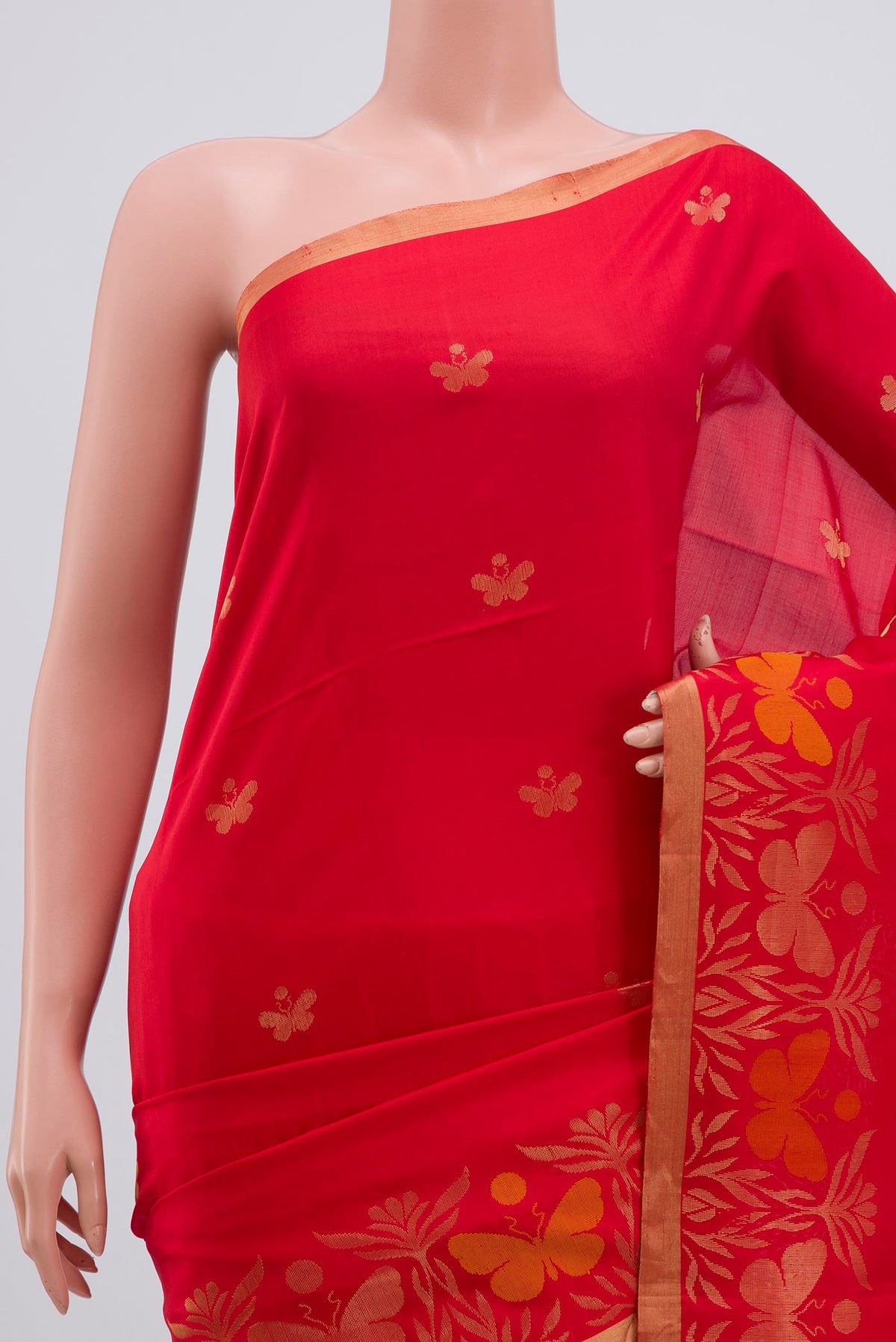 Border image of Red Soft Silk Saree with Zari Butta on the body and Fancy Border. 