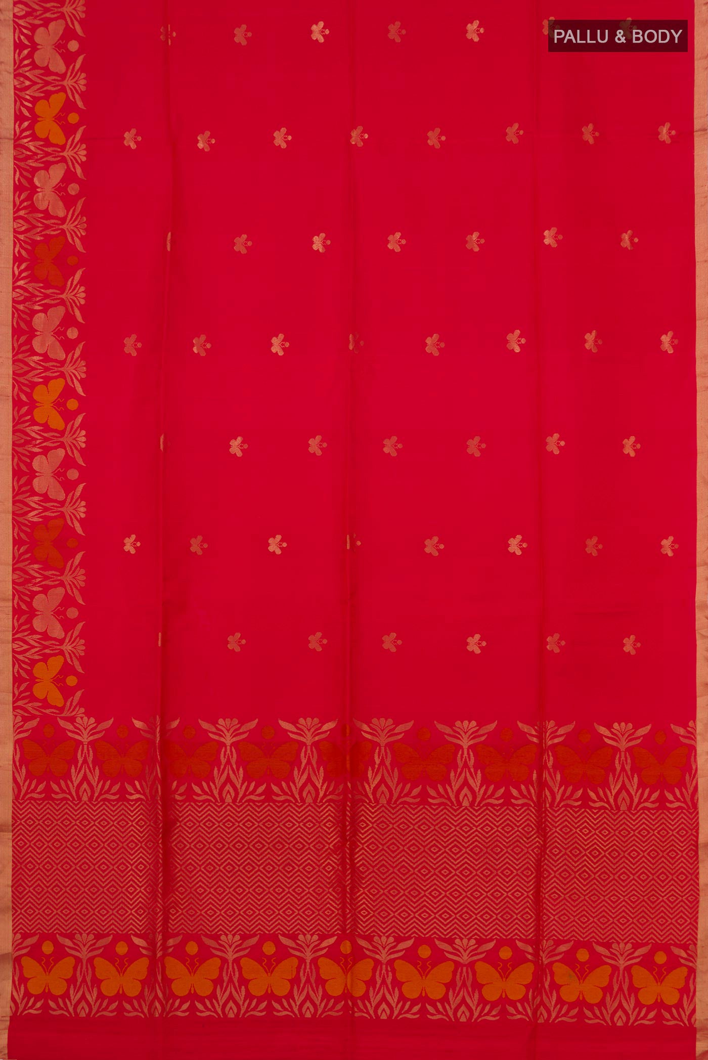 Flat view of Red Soft Silk Saree with Zari Butta on the body and Fancy Border. 