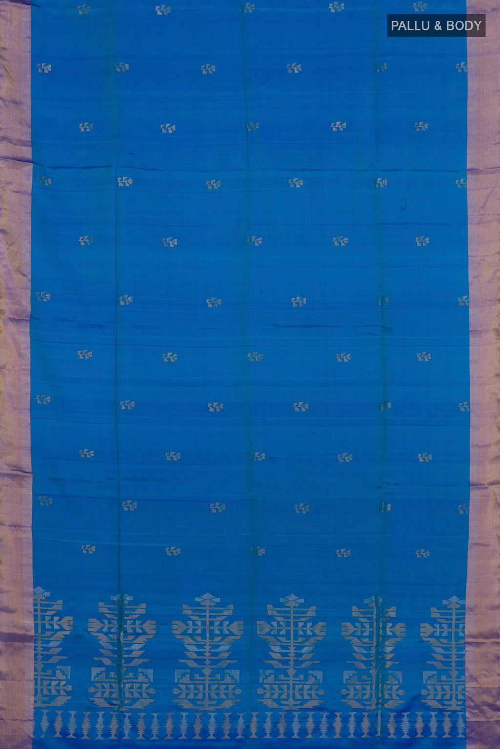 Flat view of Light Blue Soft Silk Saree with Zari Butta on the body and Zari Border. 